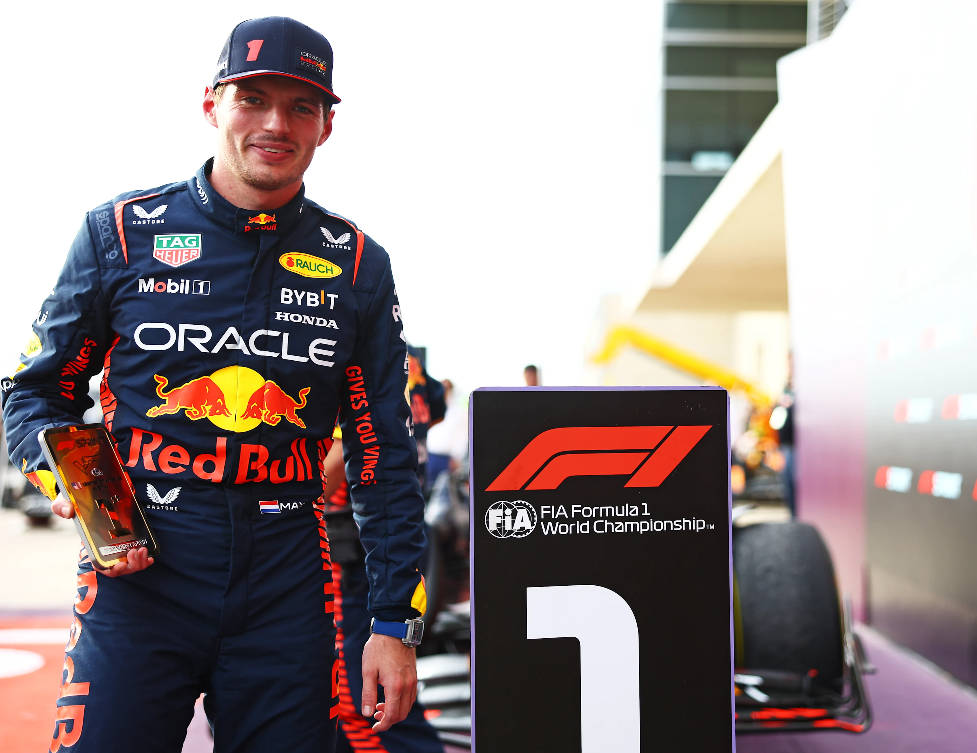 AUSTIN, TEXAS - OCTOBER 21: Sprint winner Max Verstappen of the Netherlands and Oracle Red Bull
