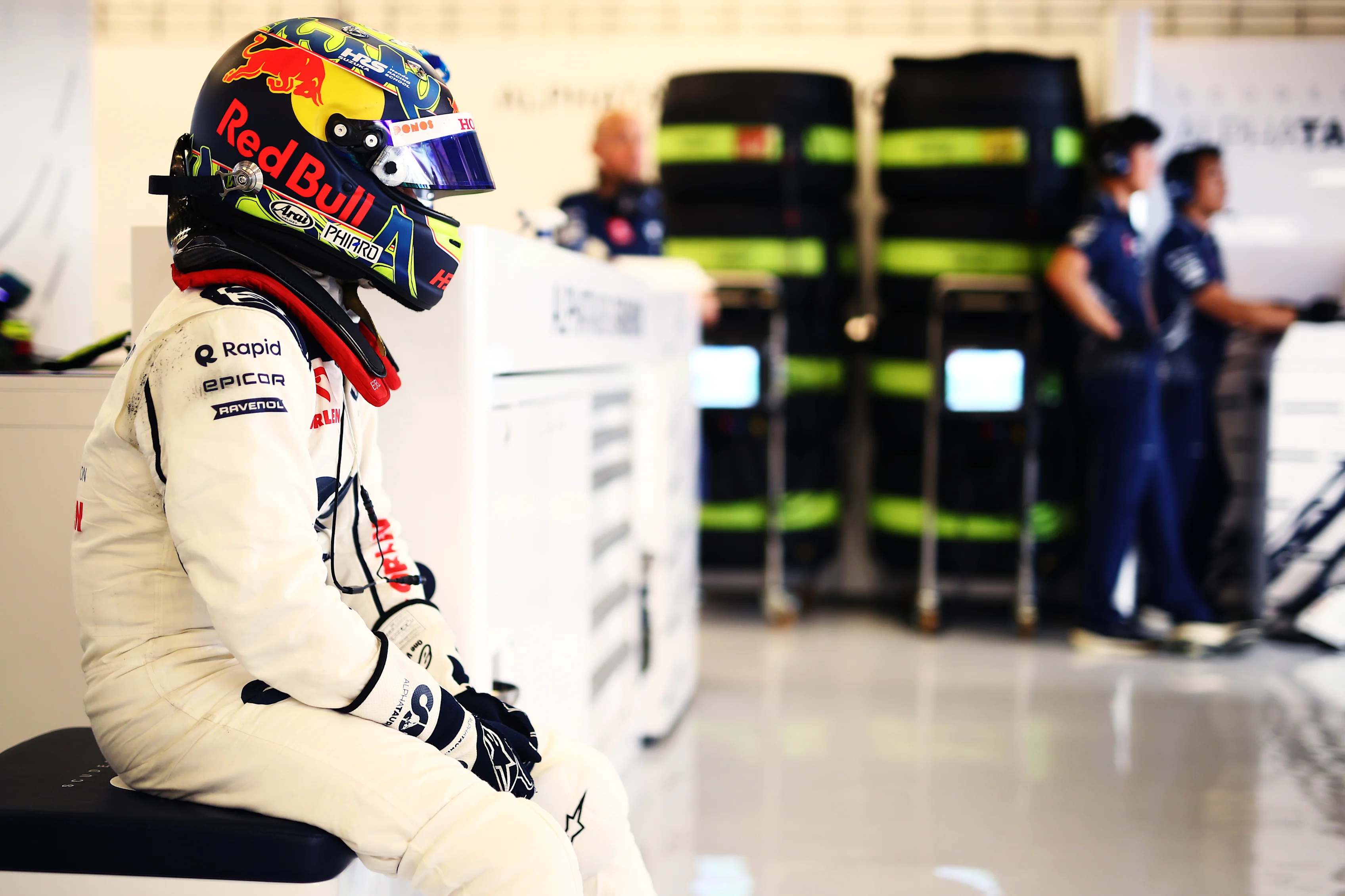 Ayumu Iwasa had to stop his AlphaTauri at the pit entry with fire marshals needed to extinguish his car 