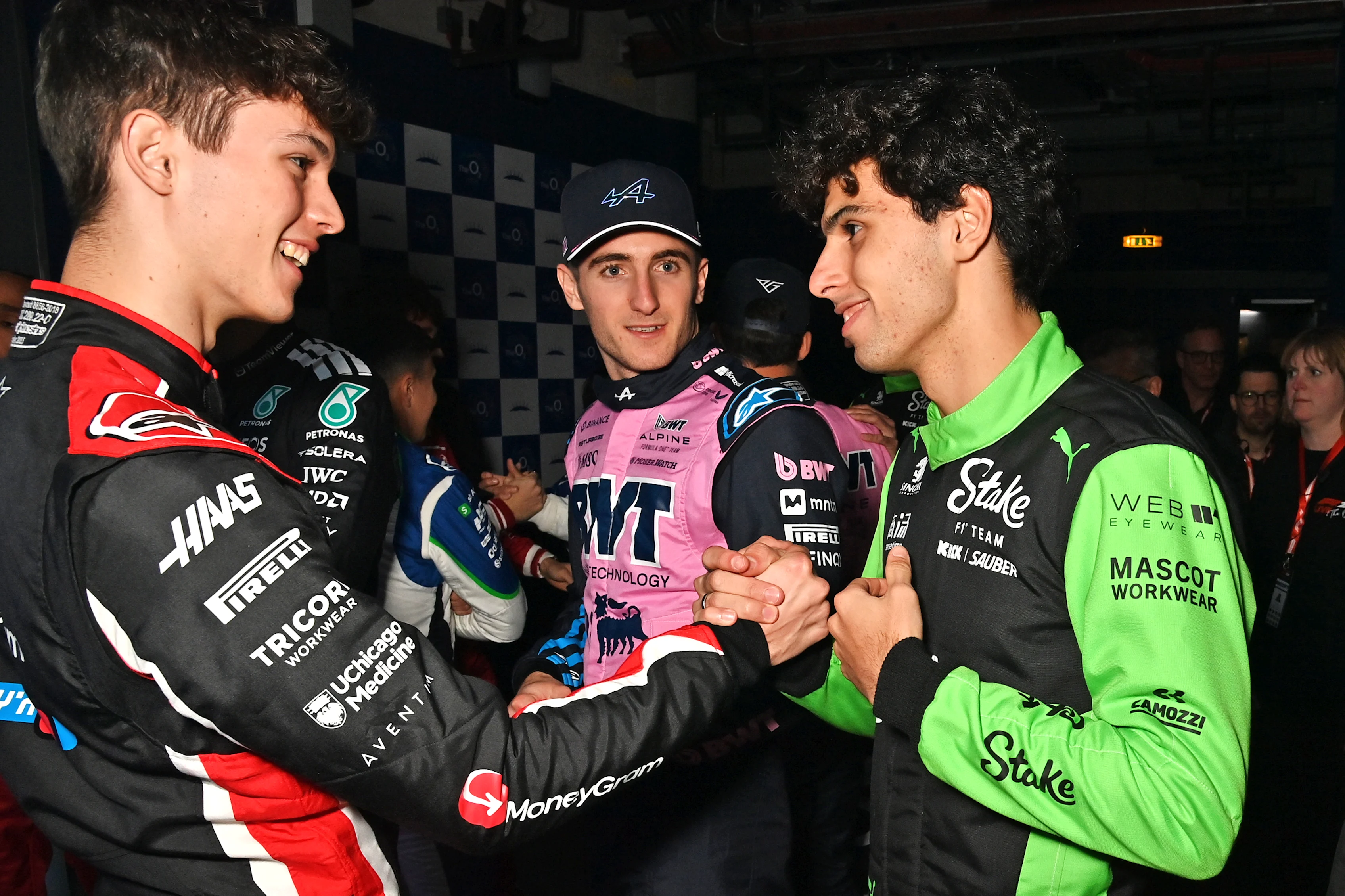 Oliver Bearman of Haas F1, Jack Doohan of Alpine F1 and Gabriel Bortoleto of Stake F1 Team Kick Sauber are seen backstage during F1 75 Live at The O2 Arena on February 18, 2025. (Photo by Dave Benett - Formula 1/Formula 1 via Getty Images)
