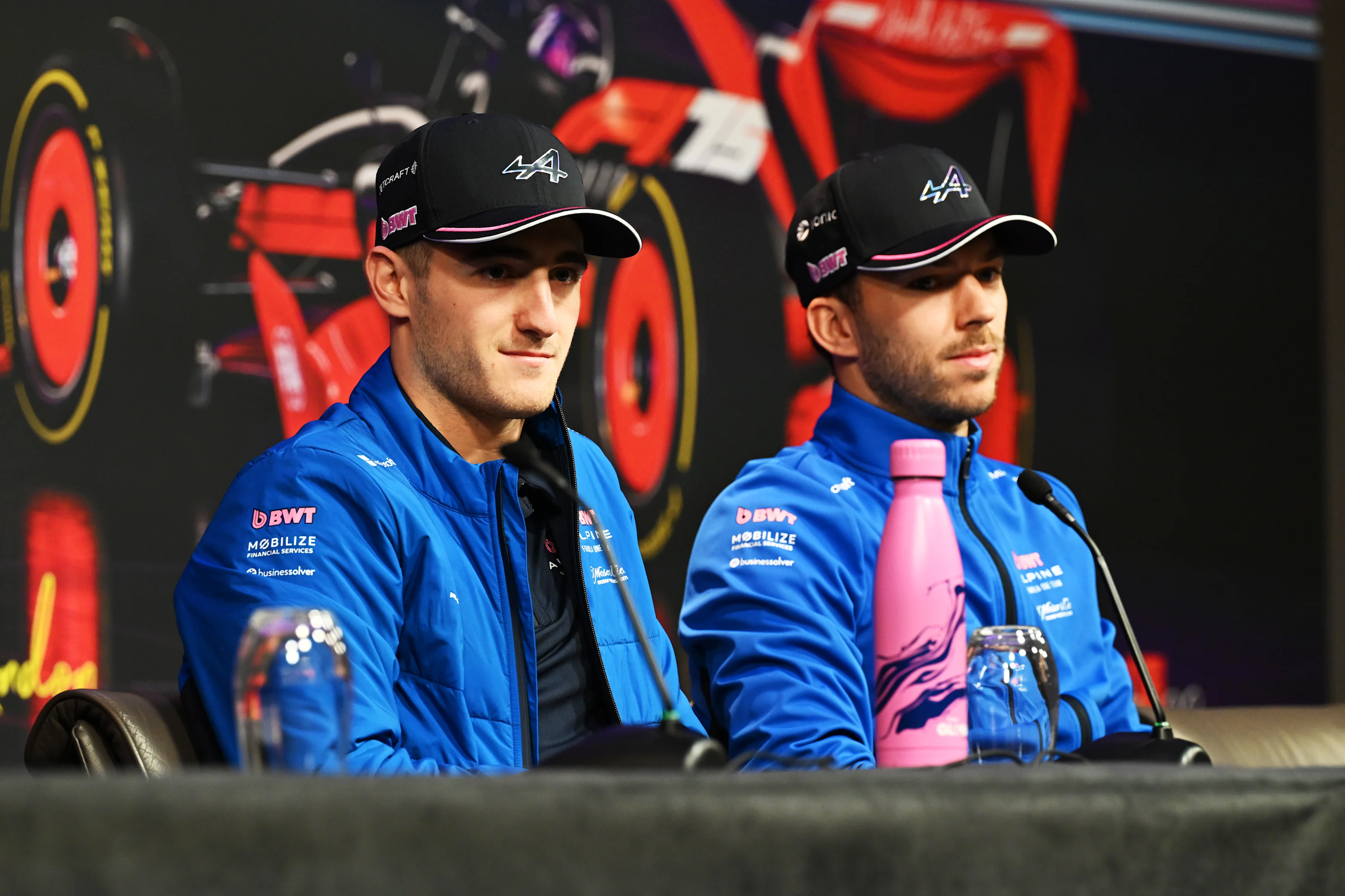Jack Doohan and Pierre Gasly of France and Alpine F1 look on during a press conference prior to F1 75 Live at InterContinental London O2 on February 18, 2025 in London, England. (Photo by Mark Sutton - Formula 1/Formula 1 via Getty Images)