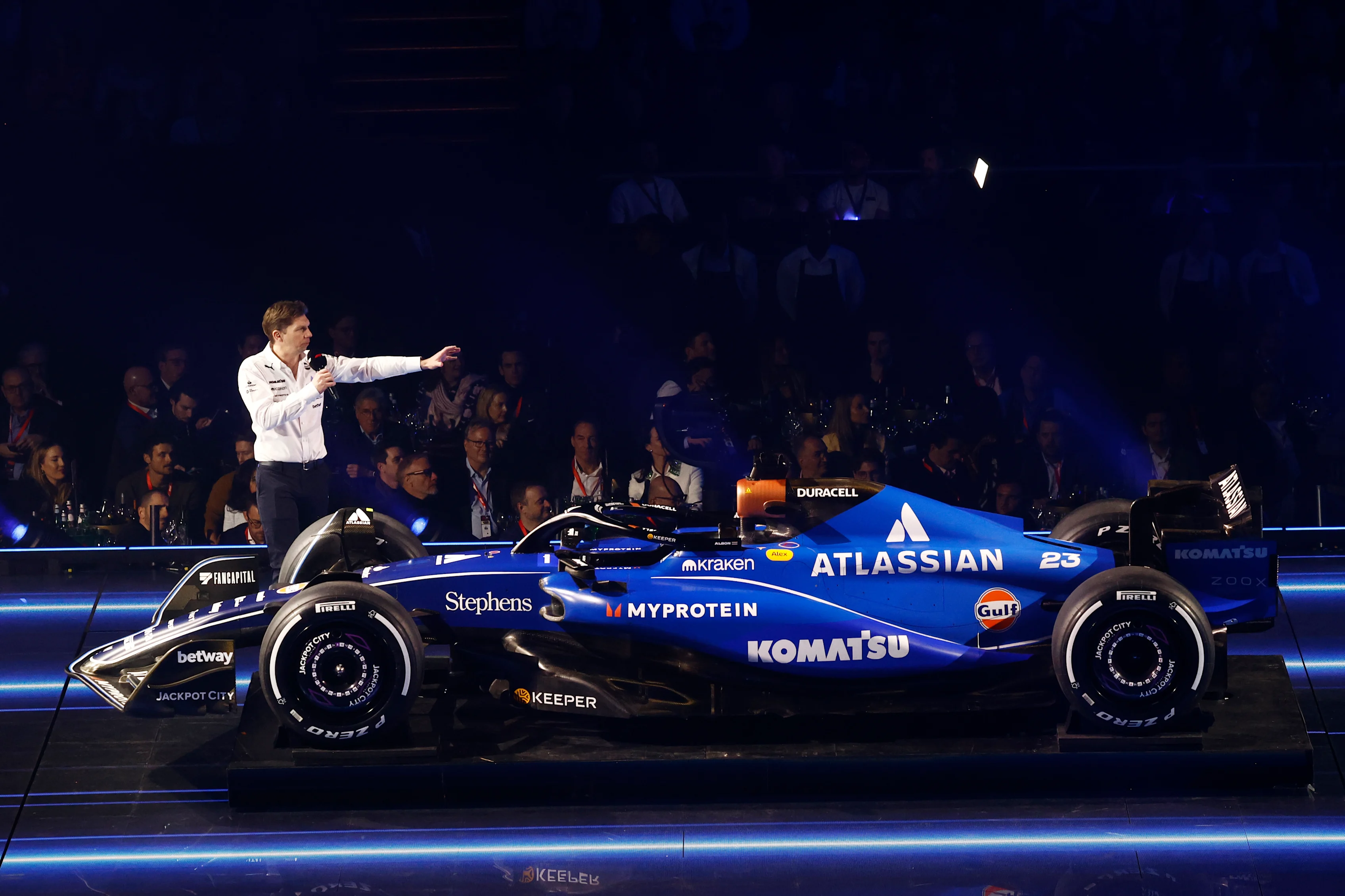 LONDON, ENGLAND - FEBRUARY 18: James Vowles, Team Principal of Williams presents the new livery