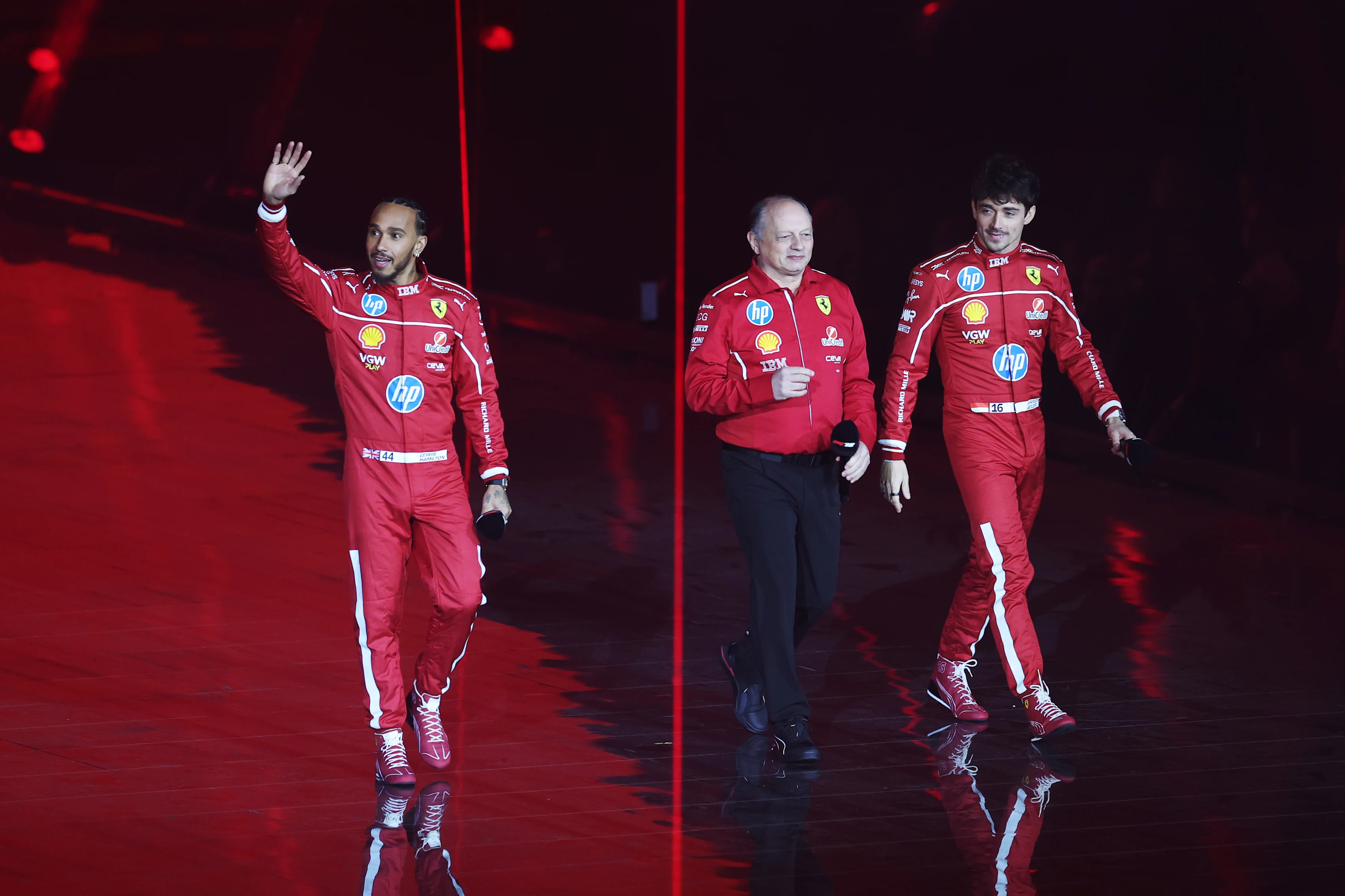 LONDON, ENGLAND - FEBRUARY 18: Lewis Hamilton of Great Britain and Scuderia Ferrari waves to the