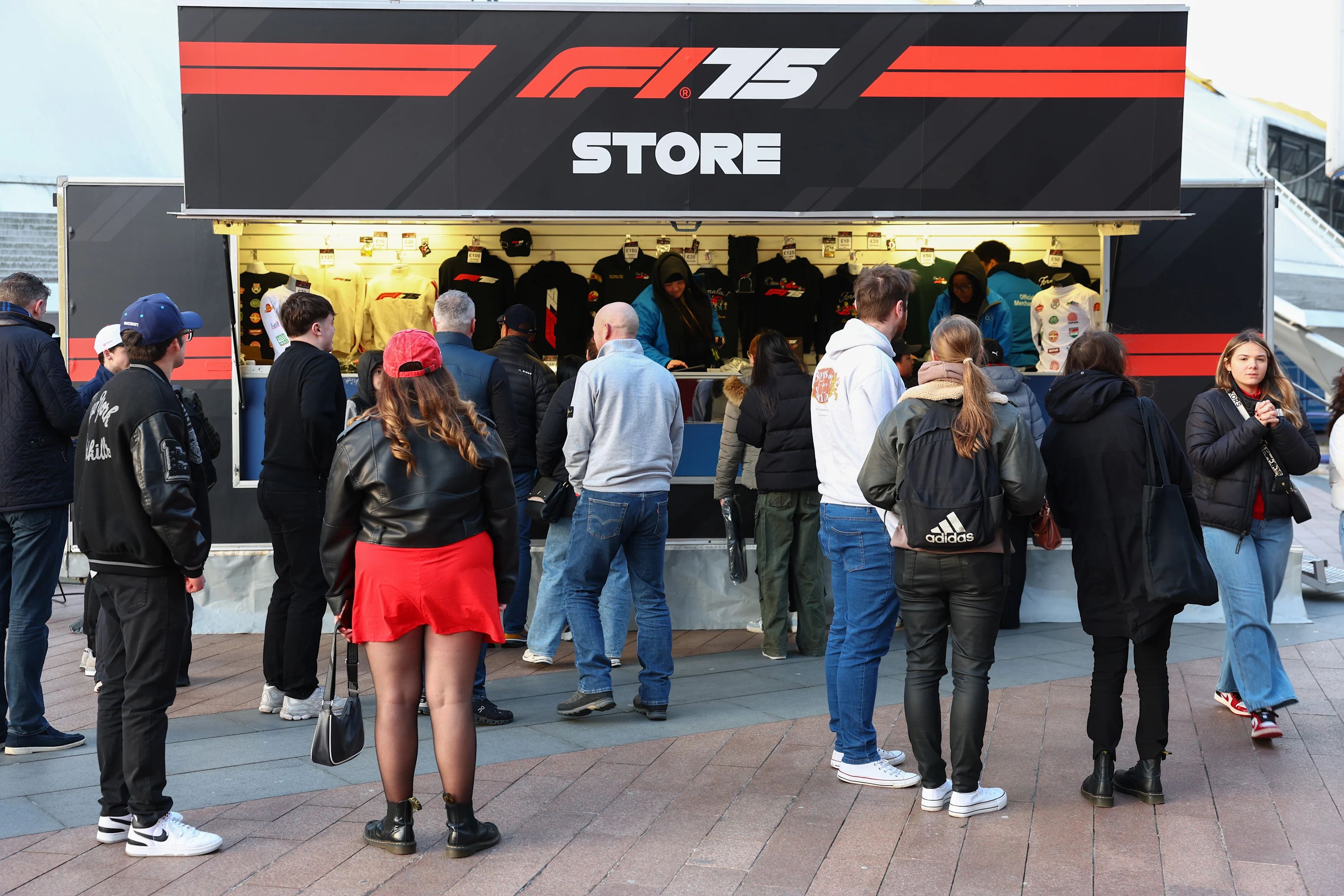 LONDON, ENGLAND - FEBRUARY 18: A general view of an F1 merch stand during F1 75 Live at The O2
