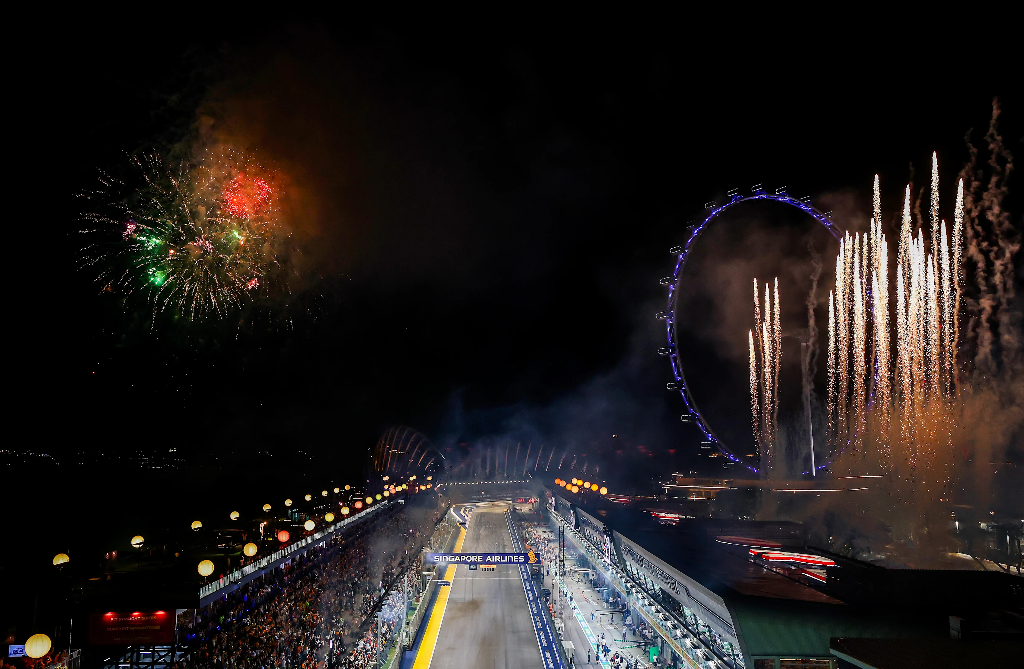 SINGAPORE, SINGAPORE - SEPTEMBER 22: Fireworks are set off after the F1 Grand Prix of Singapore at