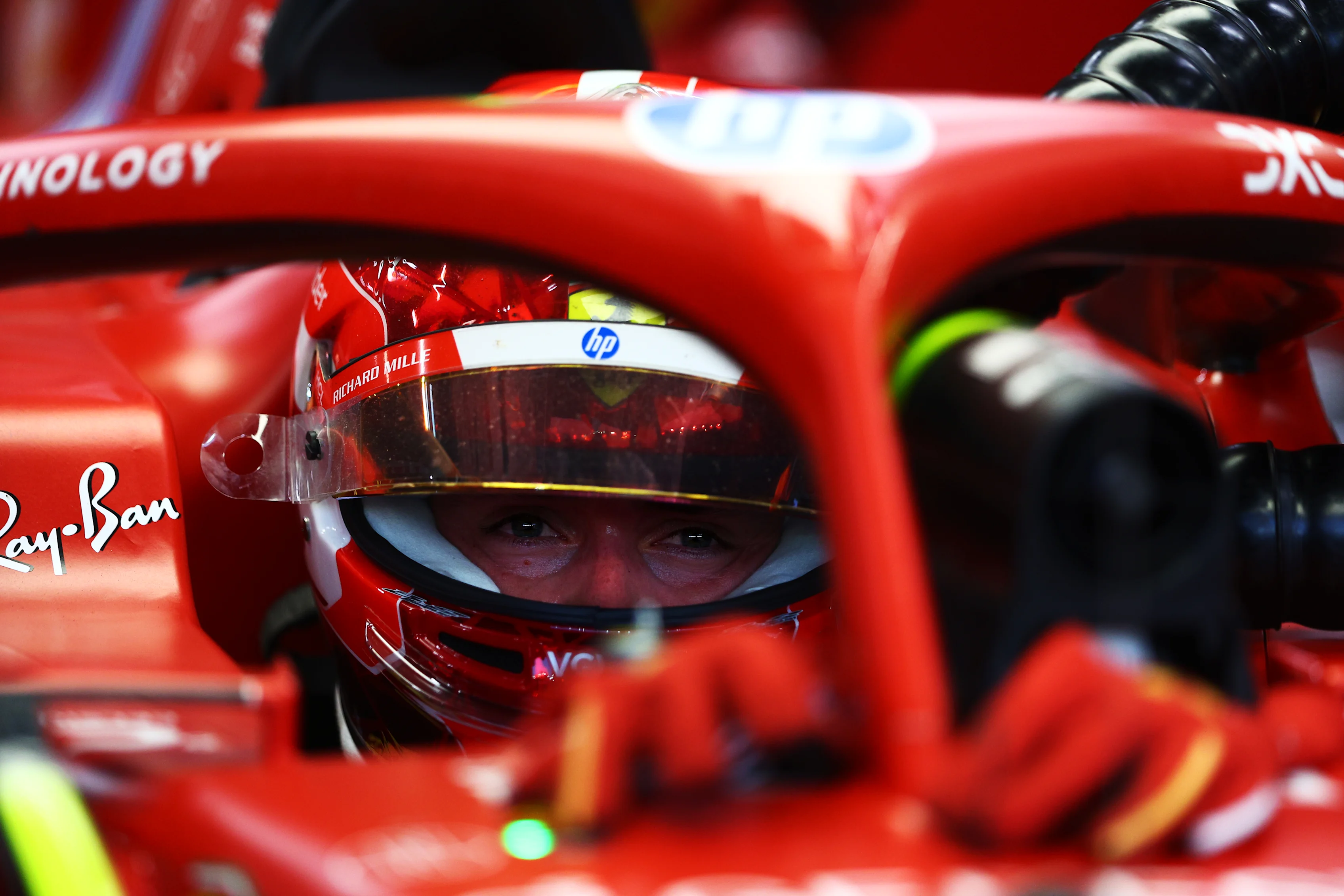 SEPTEMBER 20: Charles Leclerc of Monaco and Ferrari prepares to drive in the garage during practice ahead of the F1 Grand Prix of Singapore at Marina Bay Street Circuit on September 20, 2024. (Photo by Clive Rose - Formula 1/Formula 1 via Getty Images)