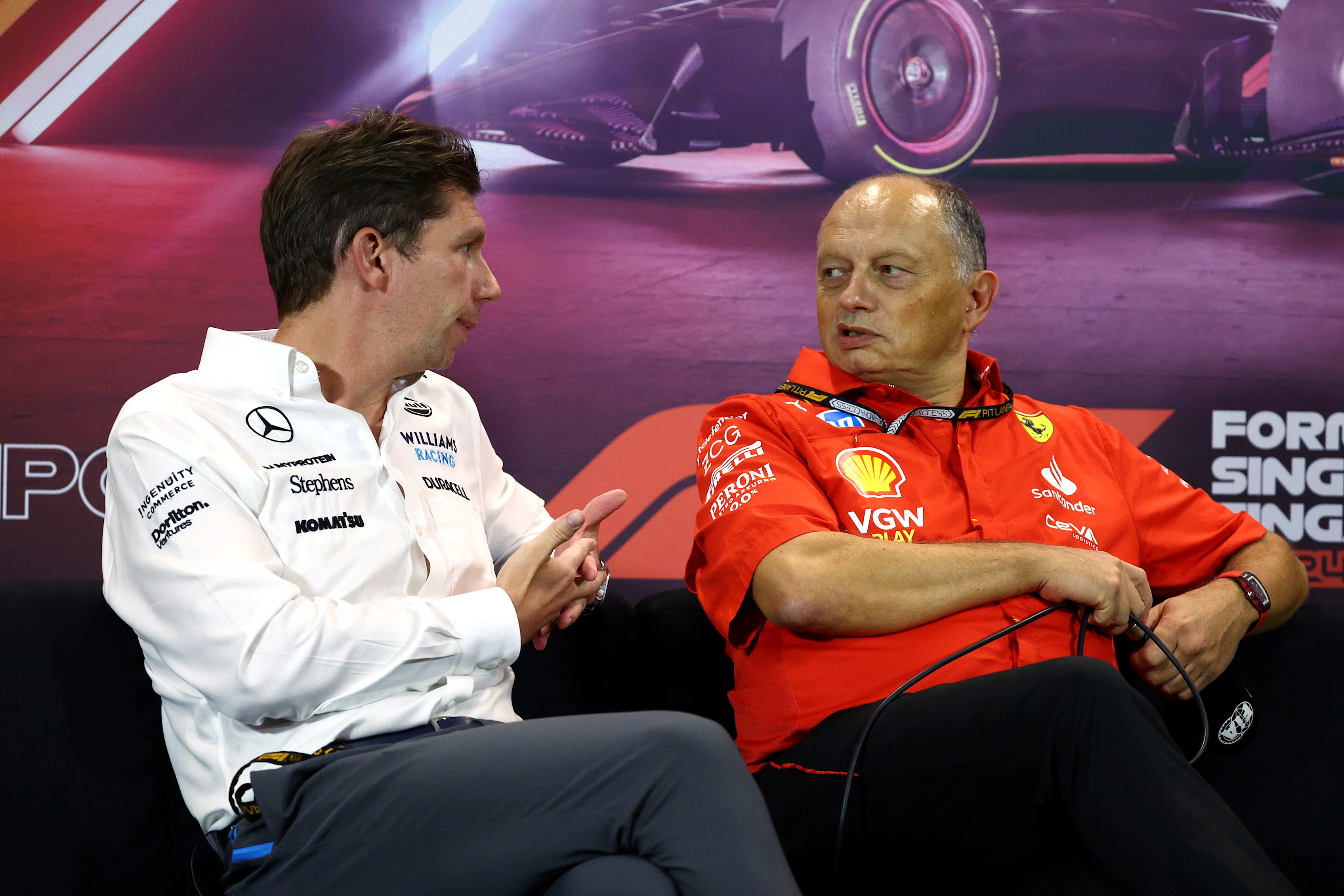 SINGAPORE, SINGAPORE - SEPTEMBER 20: James Vowles, Team Principal of Williams and Ferrari Team Principal Frederic Vasseur attend the Team Principals Press Conference during practice ahead of the F1 Grand Prix of Singapore at Marina Bay Street Circuit on September 20, 2024 in Singapore, Singapore. (Photo by Clive Rose/Getty Images)