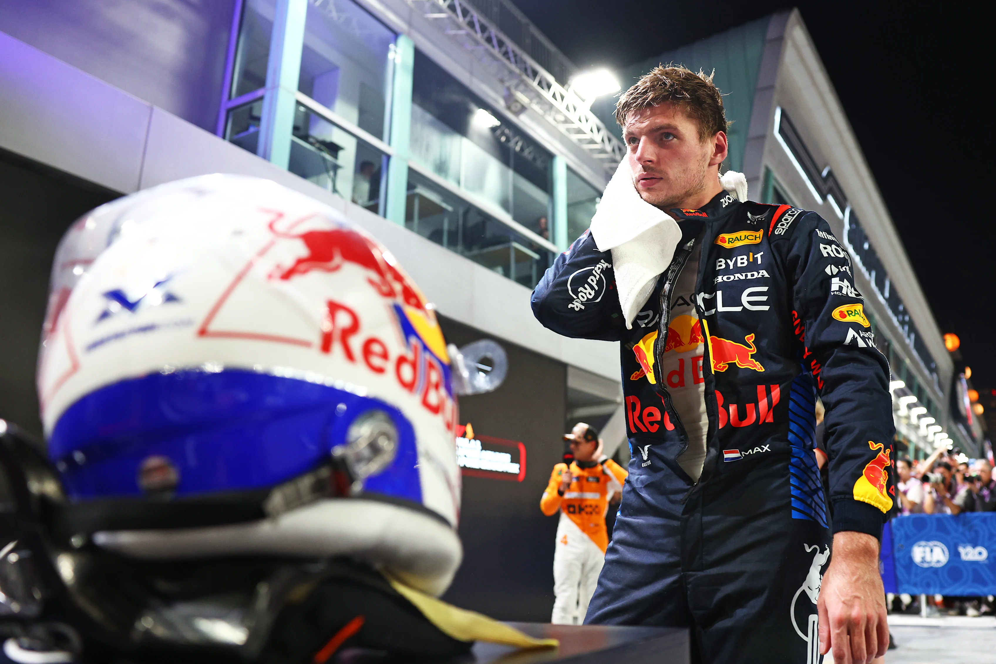 SINGAPORE, SINGAPORE - SEPTEMBER 21: Second placed qualifier Max Verstappen of the Netherlands and Oracle Red Bull Racing looks on in parc ferme during qualifying ahead of the F1 Grand Prix of Singapore at Marina Bay Street Circuit on September 21, 2024 in Singapore, Singapore. (Photo by Clive Rose - Formula 1/Formula 1 via Getty Images)