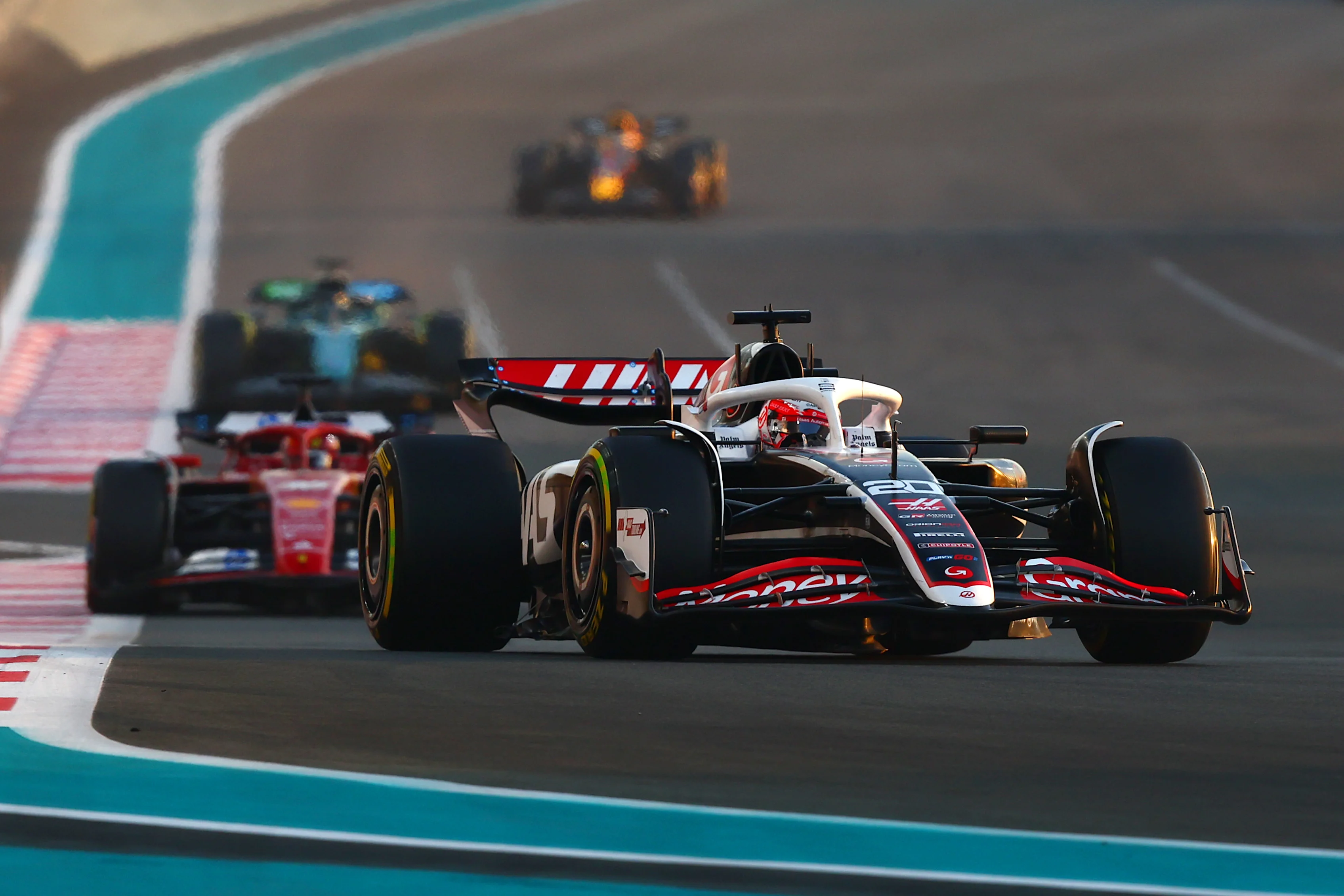 Kevin Magnussen of Denmark driving the (20) Haas F1 VF-24 Ferrari on track during the F1 Grand Prix of Abu Dhabi at Yas Marina Circuit on December 08, 2024 in Abu Dhabi, United Arab Emirates. (Photo by Joe Portlock/Getty Images)