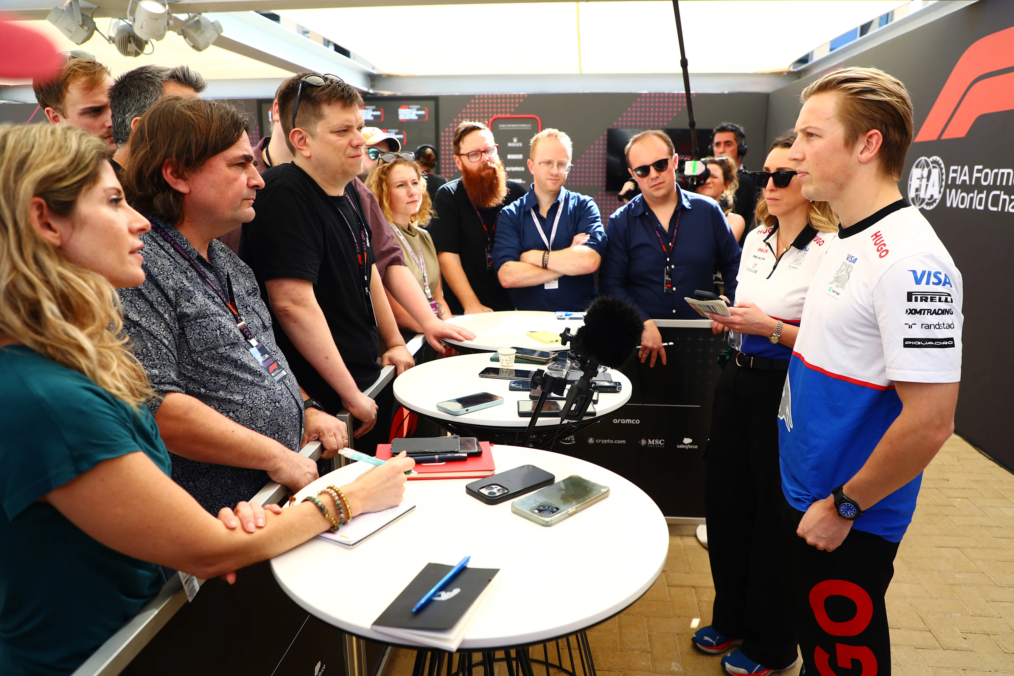 Liam Lawson of Visa Cash App RB talks to the media during previews ahead of the F1 Grand Prix of Abu Dhabi at Yas Marina Circuit on December 05, 2024 in Abu Dhabi, United Arab Emirates. (Photo by Peter Fox - Formula 1/Formula 1 via Getty Images)
