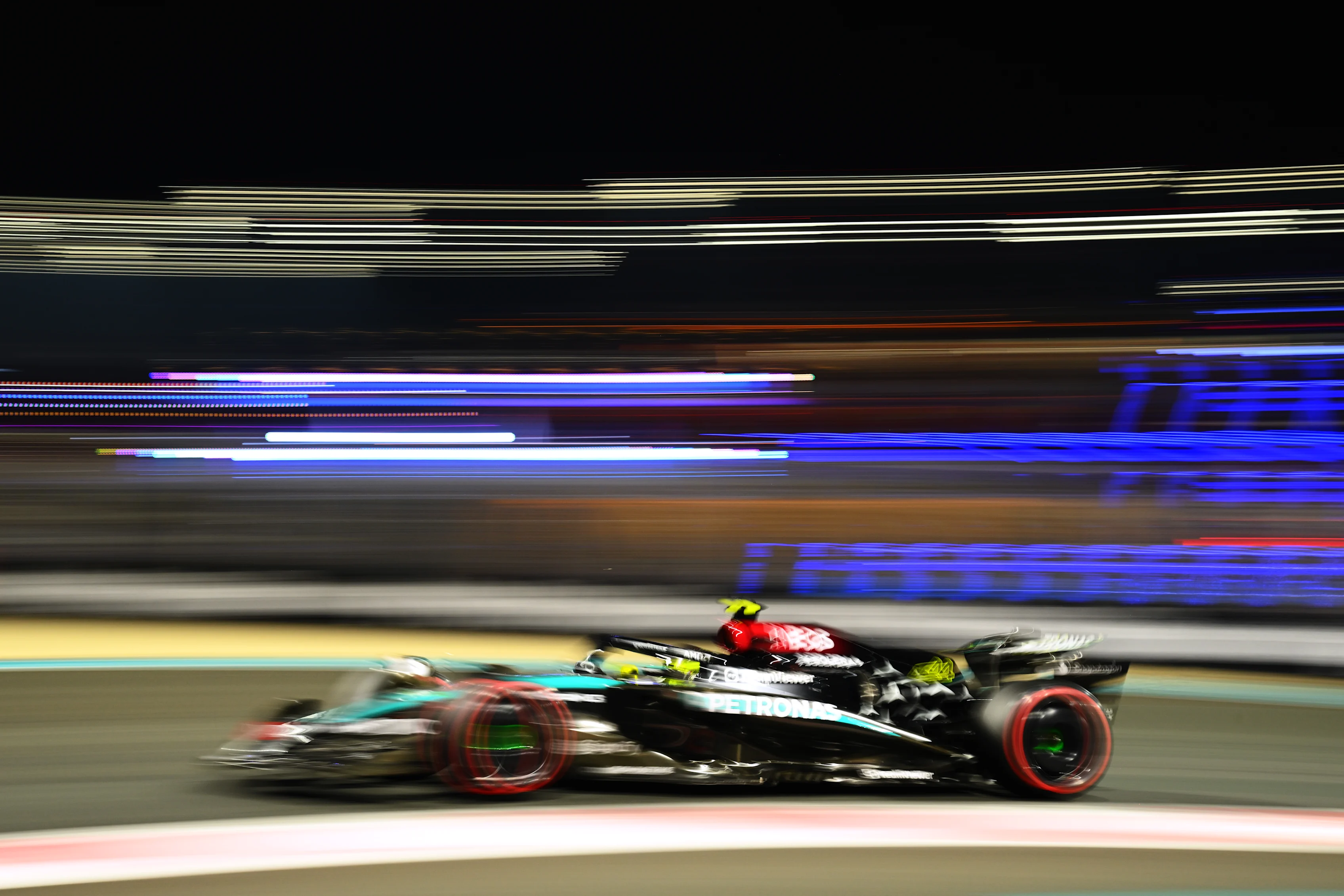 Lewis Hamilton driving the (44) Mercedes AMG Petronas F1 Team W15 on track during qualifying ahead of the F1 Grand Prix of Abu Dhabi at Yas Marina Circuit on December 07, 2024 in Abu Dhabi, United Arab Emirates. (Photo by Clive Mason/Getty Images)