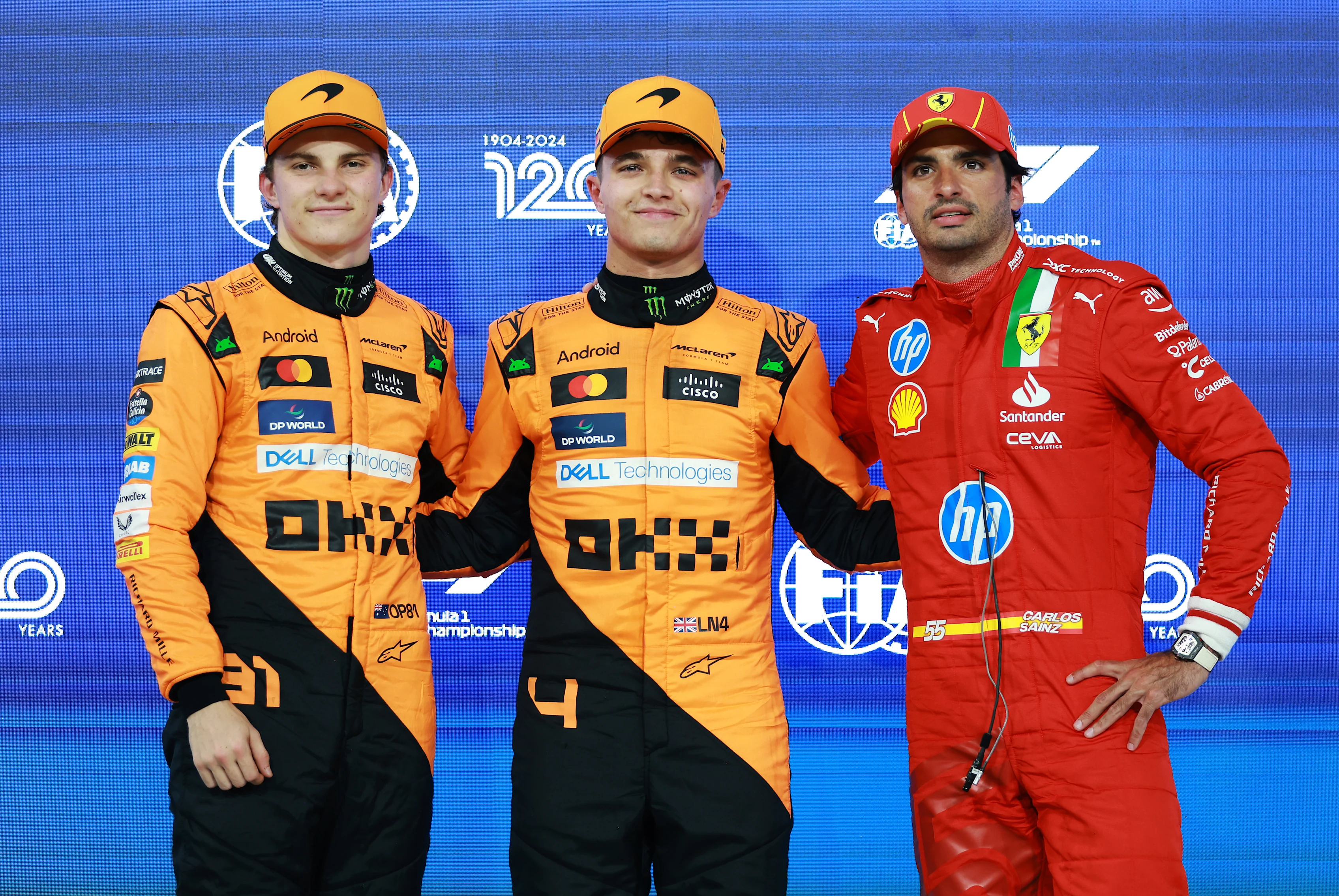 Lando Norris, Oscar Piastri, Carlos Sainz in parc ferme during qualifying ahead of the F1 Grand Prix of Abu Dhabi at Yas Marina Circuit on December 07, 2024 in Abu Dhabi, United Arab Emirates. (Photo by Bryn Lennon - Formula 1/Formula 1 via Getty Images)