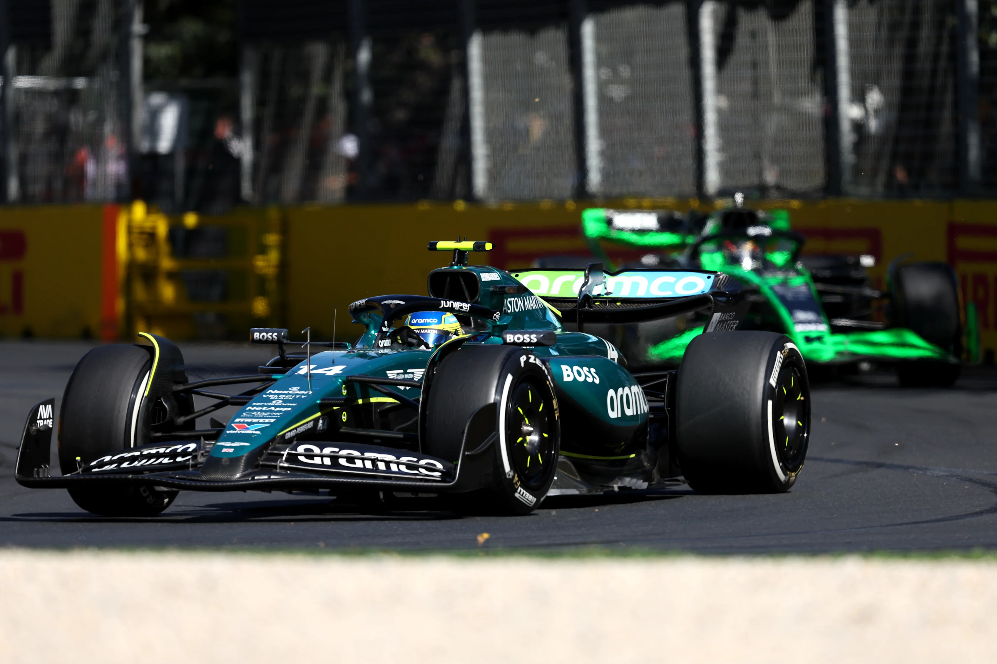 MELBOURNE, AUSTRALIA - MARCH 24: Fernando Alonso of Spain driving the (14) Aston Martin AMR24 Mercedes on track during the F1 Grand Prix of Australia at Albert Park Circuit on March 24, 2024 in Melbourne, Australia. (Photo by Robert Cianflone/Getty Images)