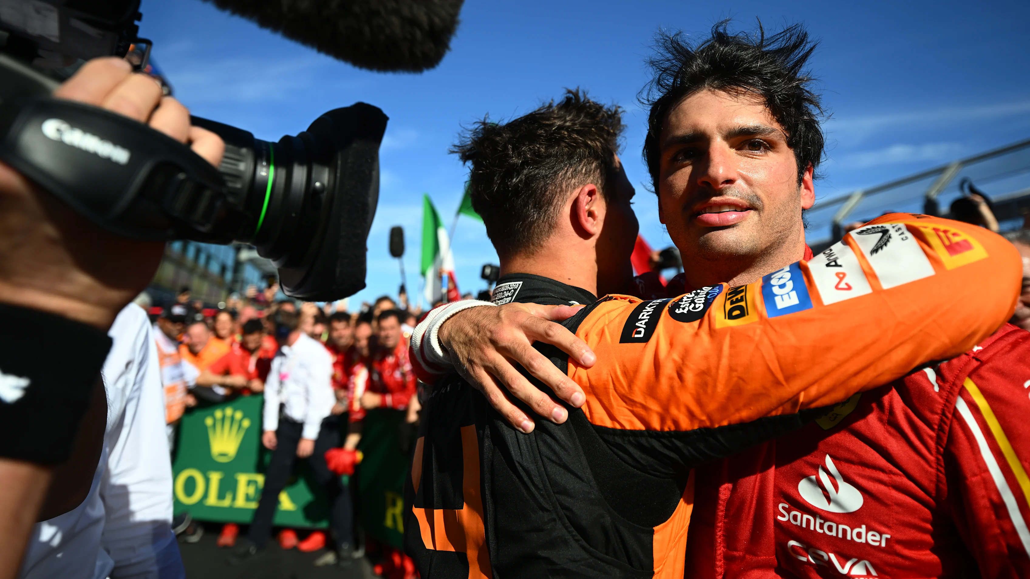 MELBOURNE, AUSTRALIA - MARCH 24: Race winner Carlos Sainz of Spain and Ferrari and Third placed Lando Norris of Great Britain and McLaren celebrate in parc ferme during the F1 Grand Prix of Australia at Albert Park Circuit on March 24, 2024 in Melbourne, Australia. (Photo by Clive Mason - Formula 1/Formula 1 via Getty Images)