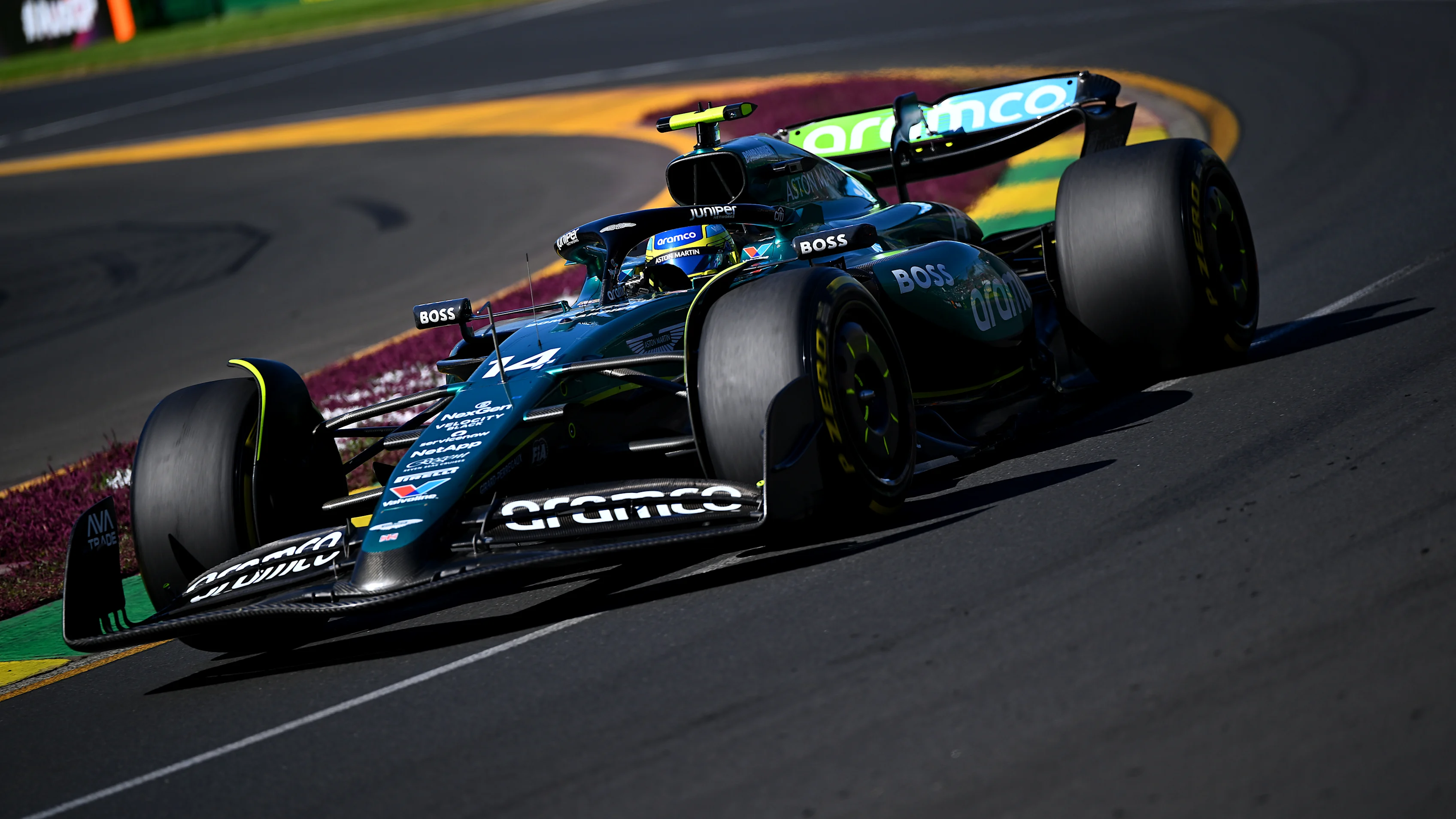 MELBOURNE, AUSTRALIA - MARCH 24: Fernando Alonso of Spain driving the (14) Aston Martin AMR24