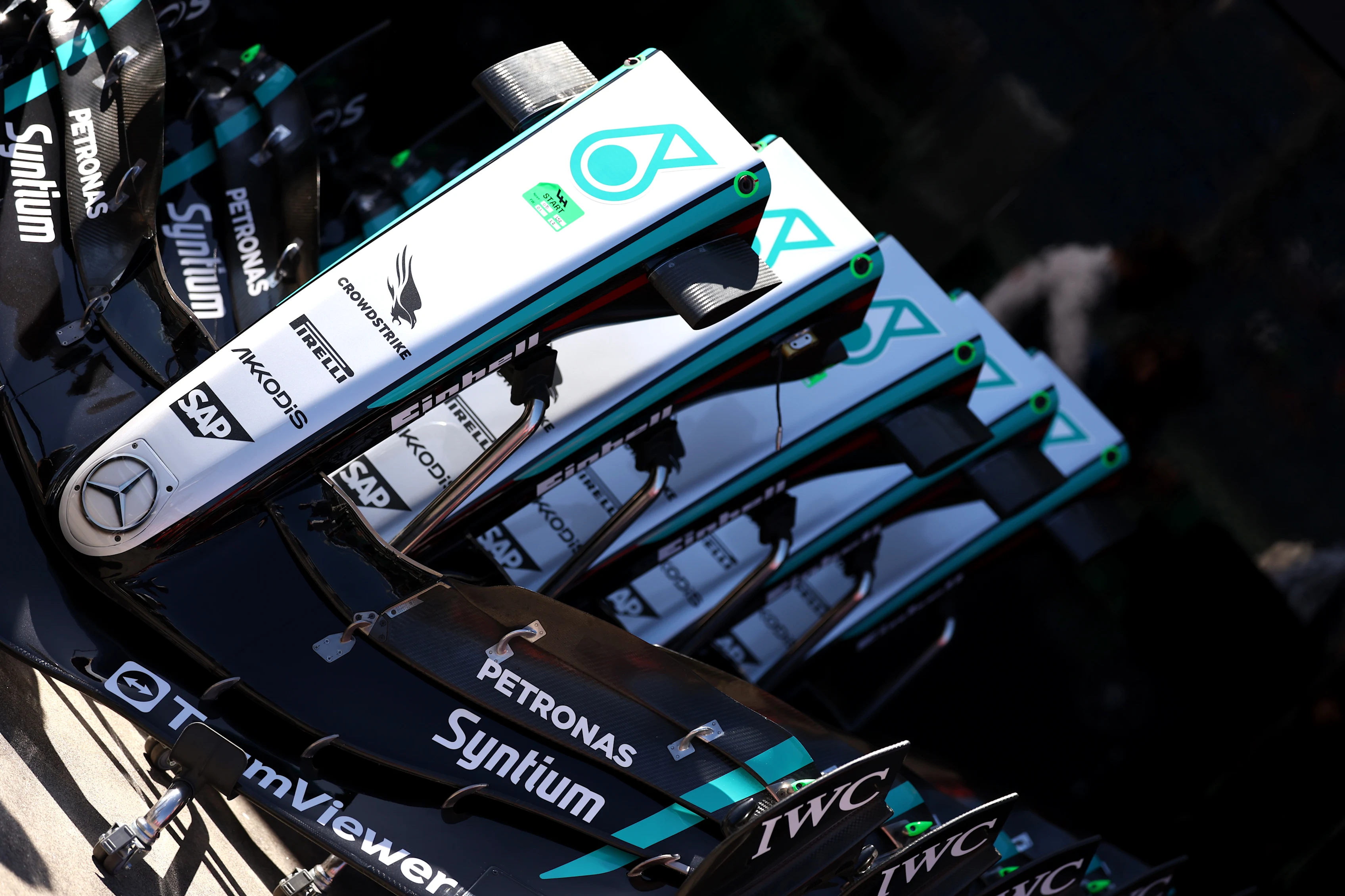 MELBOURNE, AUSTRALIA - MARCH 21: Mercedes front wings are seen in the Pitlane during previews ahead