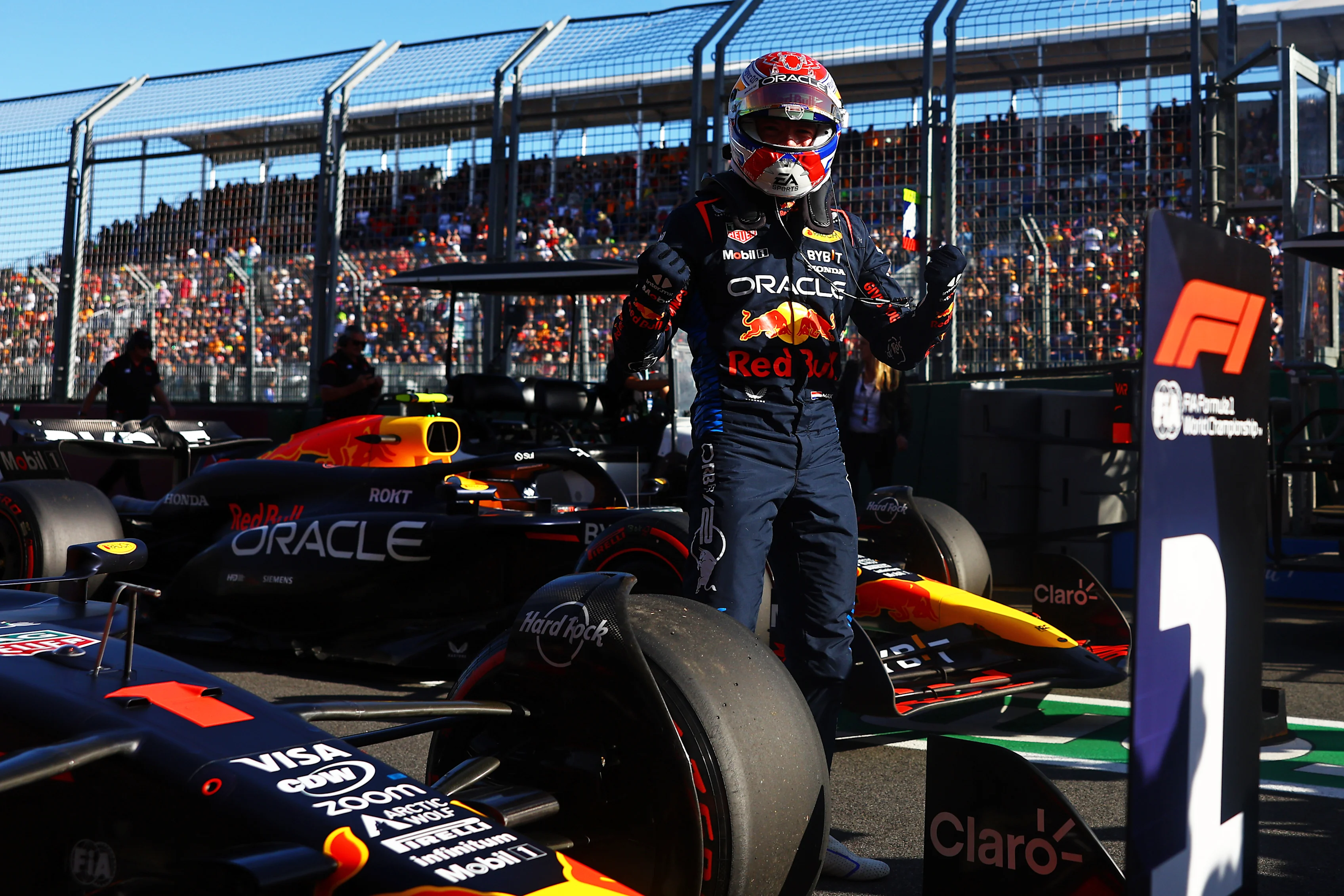 MELBOURNE, AUSTRALIA - MARCH 23: Pole position qualifier Max Verstappen of the Netherlands and Oracle Red Bull Racing celebrates in parc ferme during qualifying ahead of the F1 Grand Prix of Australia at Albert Park Circuit on March 23, 2024 in Melbourne, Australia. (Photo by Mark Thompson/Getty Images)