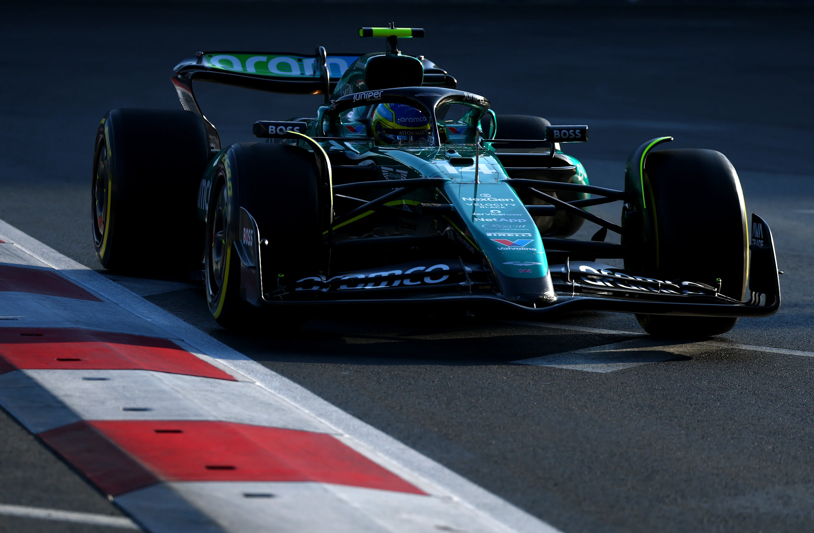 BAKU, AZERBAIJAN - SEPTEMBER 13: Fernando Alonso of Spain driving the (14) Aston Martin AMR24 Mercedes on track during practice ahead of the F1 Grand Prix of Azerbaijan at Baku City Circuit on September 13, 2024 in Baku, Azerbaijan. (Photo by Clive Rose - Formula 1/Formula 1 via Getty Images)