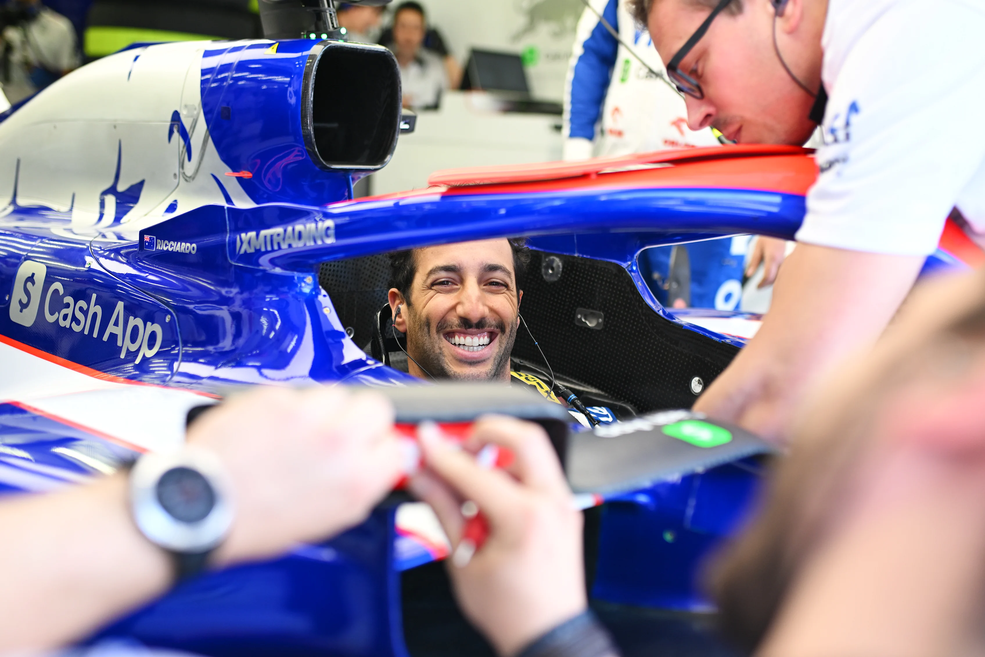 BAHRAIN, BAHRAIN - FEBRUARY 29: Daniel Ricciardo of Australia and Visa Cash App RB prepares to drive in the garage during practice ahead of the F1 Grand Prix of Bahrain at Bahrain International Circuit on February 29, 2024 in Bahrain, Bahrain. (Photo by Rudy Carezzevoli/Getty Images)