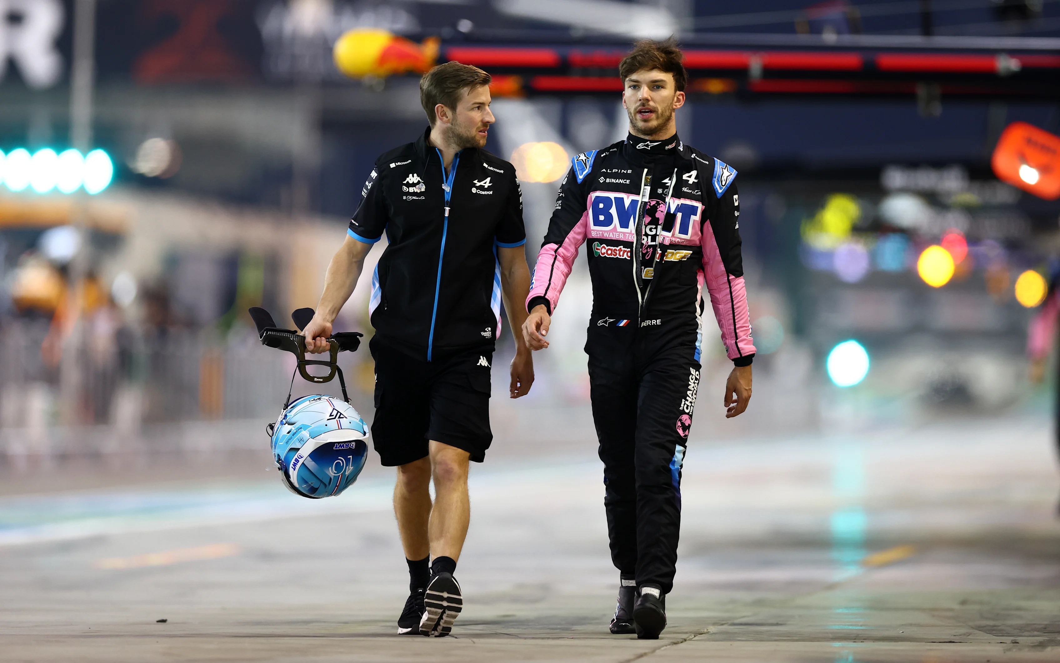 BAHRAIN, BAHRAIN - MARCH 01: 20th placed qualifier Pierre Gasly of France and Alpine F1 walks in the Pitlane during qualifying ahead of the F1 Grand Prix of Bahrain at Bahrain International Circuit on March 01, 2024 in Bahrain, Bahrain. (Photo by Bryn Lennon - Formula 1/Formula 1 via Getty Images)