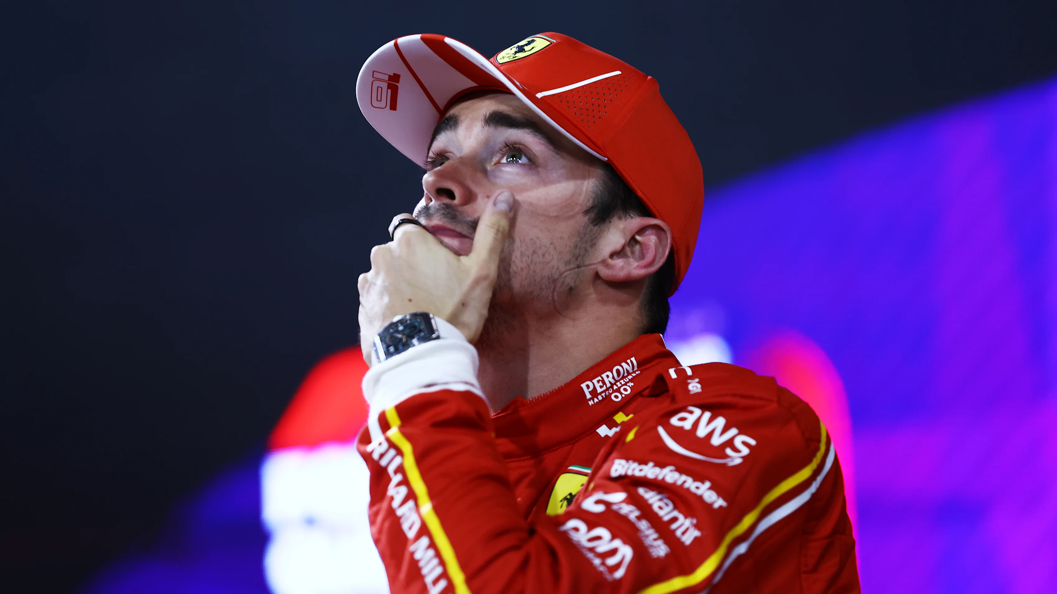BAHRAIN, BAHRAIN - MARCH 01: Second placed qualifier Charles Leclerc of Monaco and Ferrari looks on in parc ferme during qualifying ahead of the F1 Grand Prix of Bahrain at Bahrain International Circuit on March 01, 2024 in Bahrain, Bahrain. (Photo by Bryn Lennon - Formula 1/Formula 1 via Getty Images)