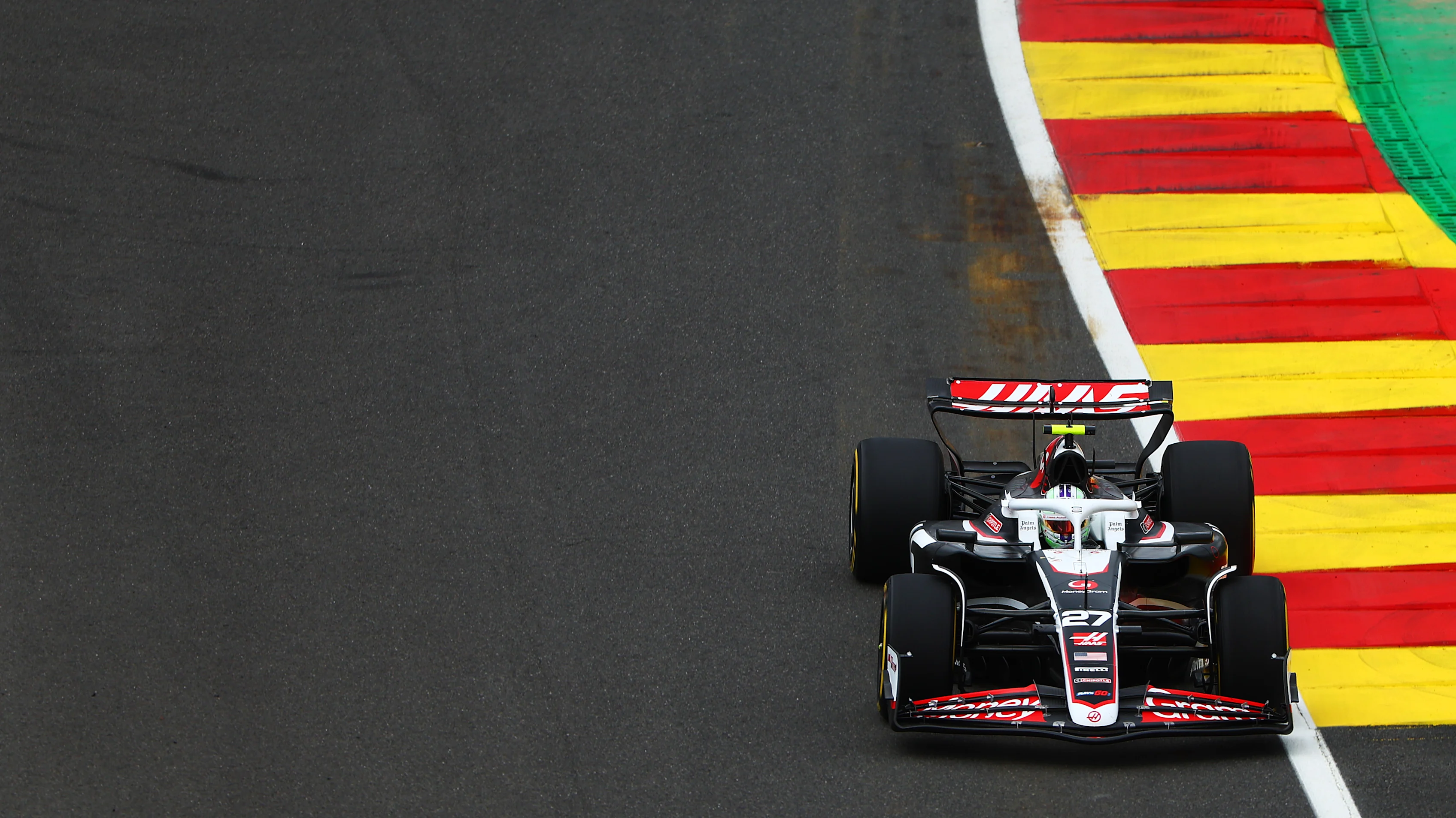 SPA, BELGIUM - JULY 26: Nico Hulkenberg of Germany driving the (27) Haas F1 VF-24 Ferrari on track  during practice ahead of the F1 Grand Prix of Belgium at Circuit de Spa-Francorchamps on July 26, 2024 in Spa, Belgium. (Photo by Bryn Lennon - Formula 1/Formula 1 via Getty Images)