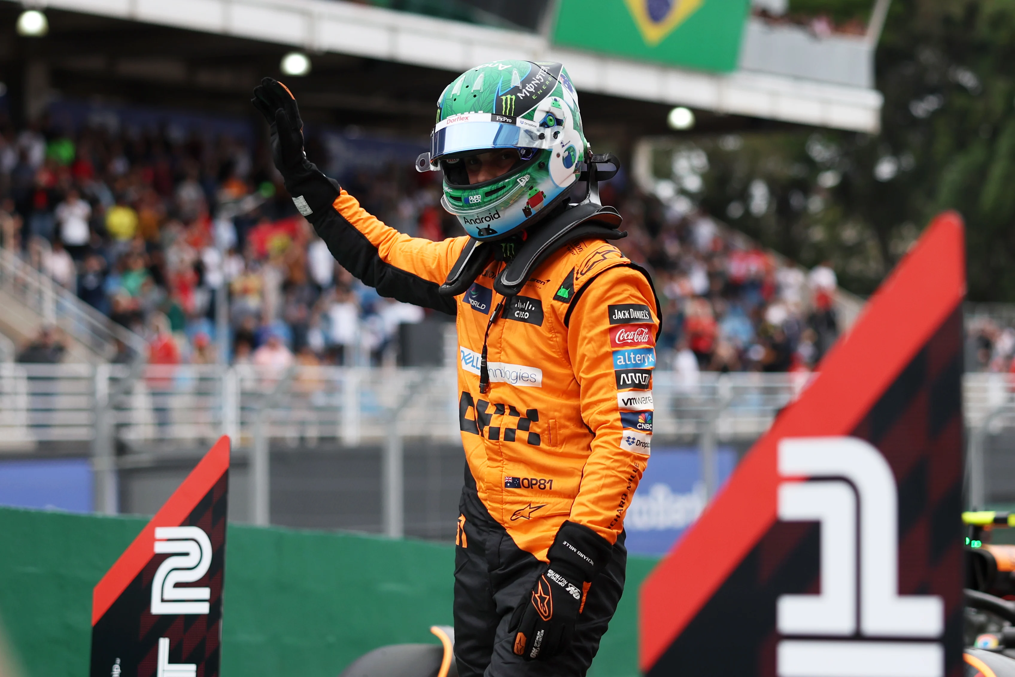 SAO PAULO, BRAZIL - NOVEMBER 01: Sprint Pole qualifier Oscar Piastri of Australia and McLaren celebrates in parc ferme during Sprint Qualifying ahead of the F1 Grand Prix of Brazil at Autodromo Jose Carlos Pace on November 01, 2024 in Sao Paulo, Brazil. (Photo by Lars Baron - Formula 1/Formula 1 via Getty Images)