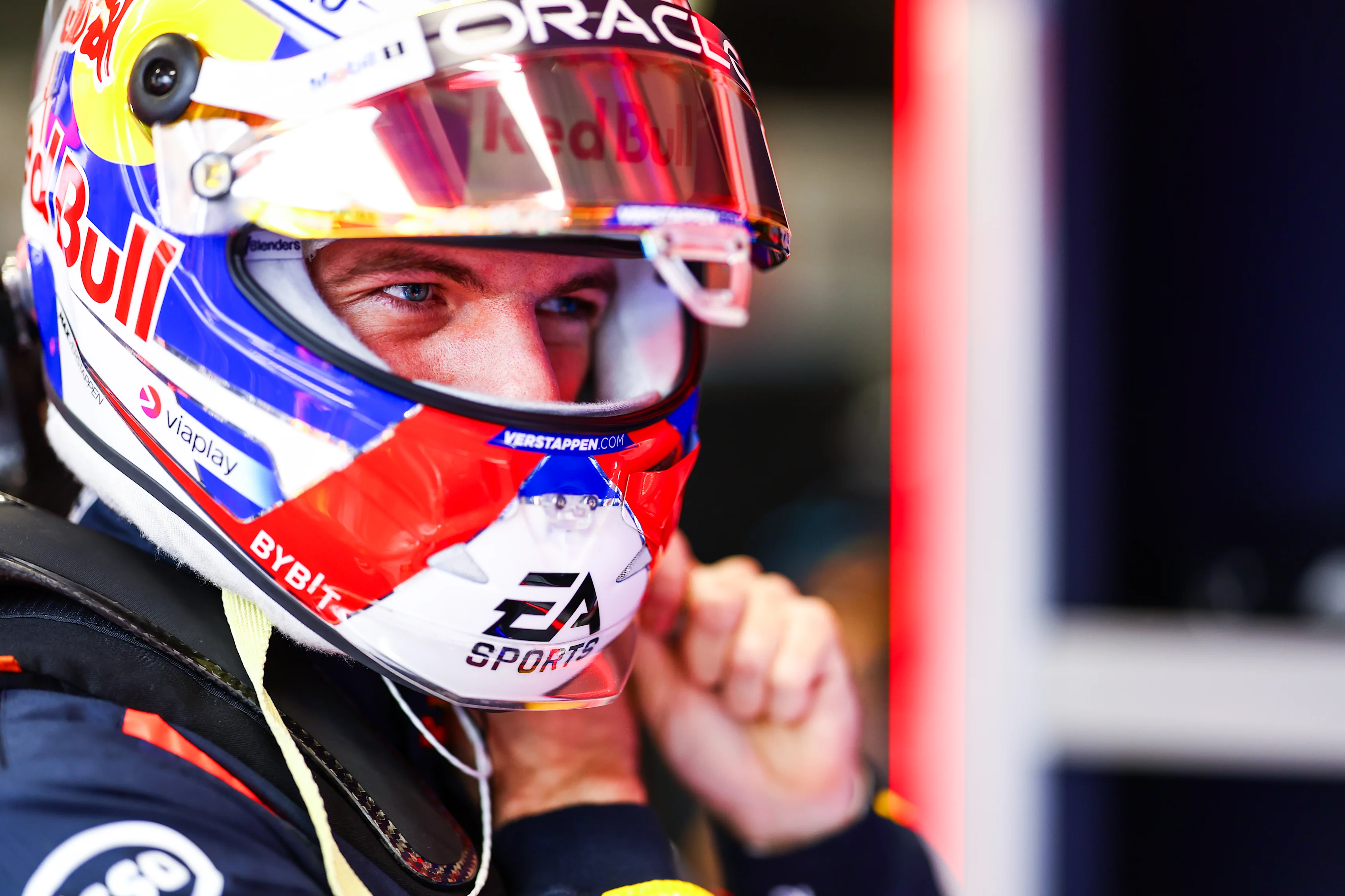 SAO PAULO, BRAZIL - NOVEMBER 01: Max Verstappen of the Netherlands and Oracle Red Bull Racing prepares to drive in the garage prior to Sprint Qualifying ahead of the F1 Grand Prix of Brazil at Autodromo Jose Carlos Pace on November 01, 2024 in Sao Paulo, Brazil. (Photo by Mark Thompson/Getty Images)