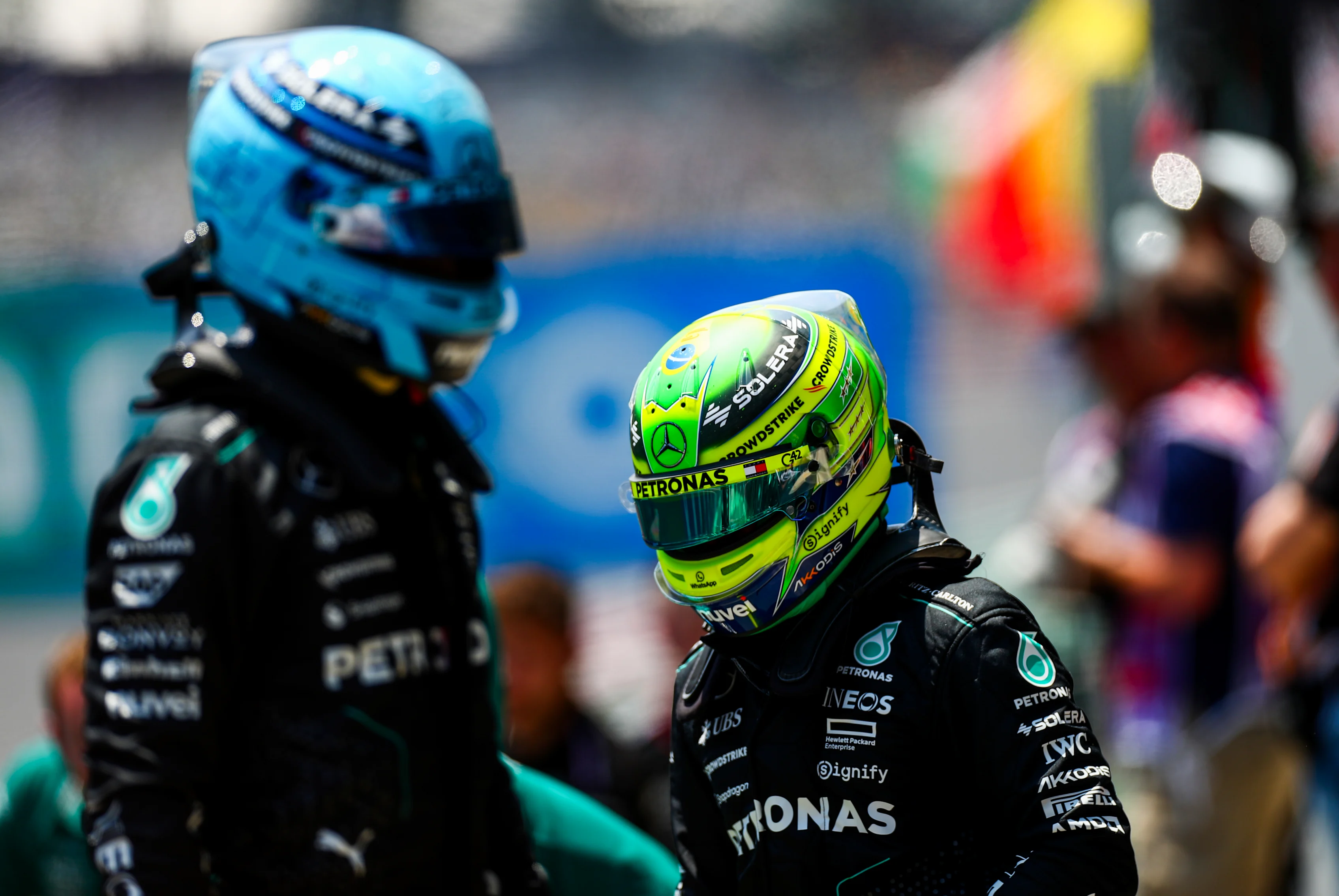 SAO PAULO, BRAZIL - NOVEMBER 01: Lewis Hamilton and George Russell during practice ahead of the F1 Grand Prix of Brazil at Autodromo Jose Carlos Pace on November 01, 2024 in Sao Paulo, Brazil. (Photo by Peter Fox - Formula 1/Formula 1 via Getty Images)
