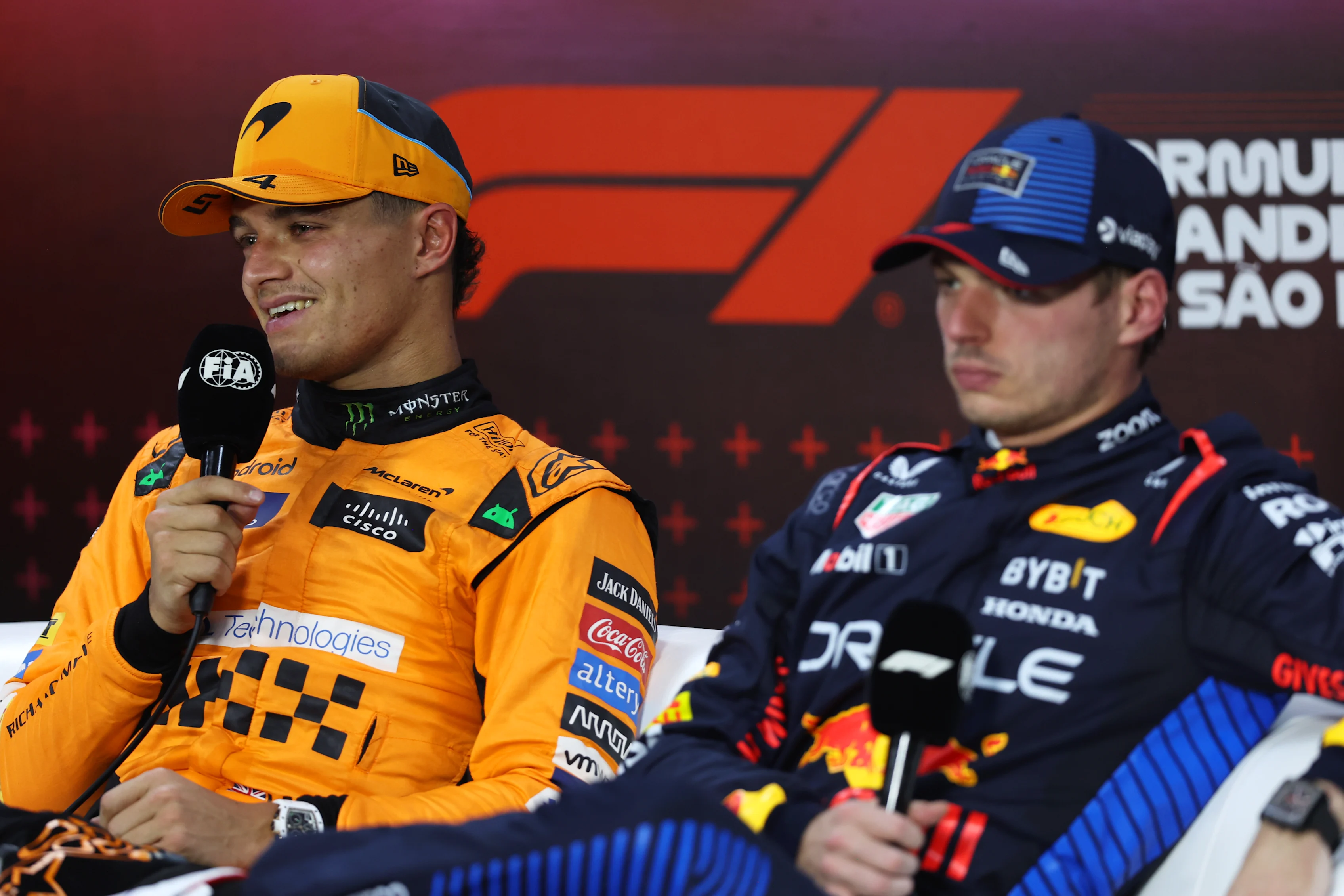 SAO PAULO, BRAZIL - NOVEMBER 02: Sprint winner Lando Norris of Great Britain and McLaren and Third placed Max Verstappen of the Netherlands and Oracle Red Bull Racing attend the press conference after the Sprint ahead of the F1 Grand Prix of Brazil at Autodromo Jose Carlos Pace on November 02, 2024 in Sao Paulo, Brazil. (Photo by Lars Baron/Getty Images)
