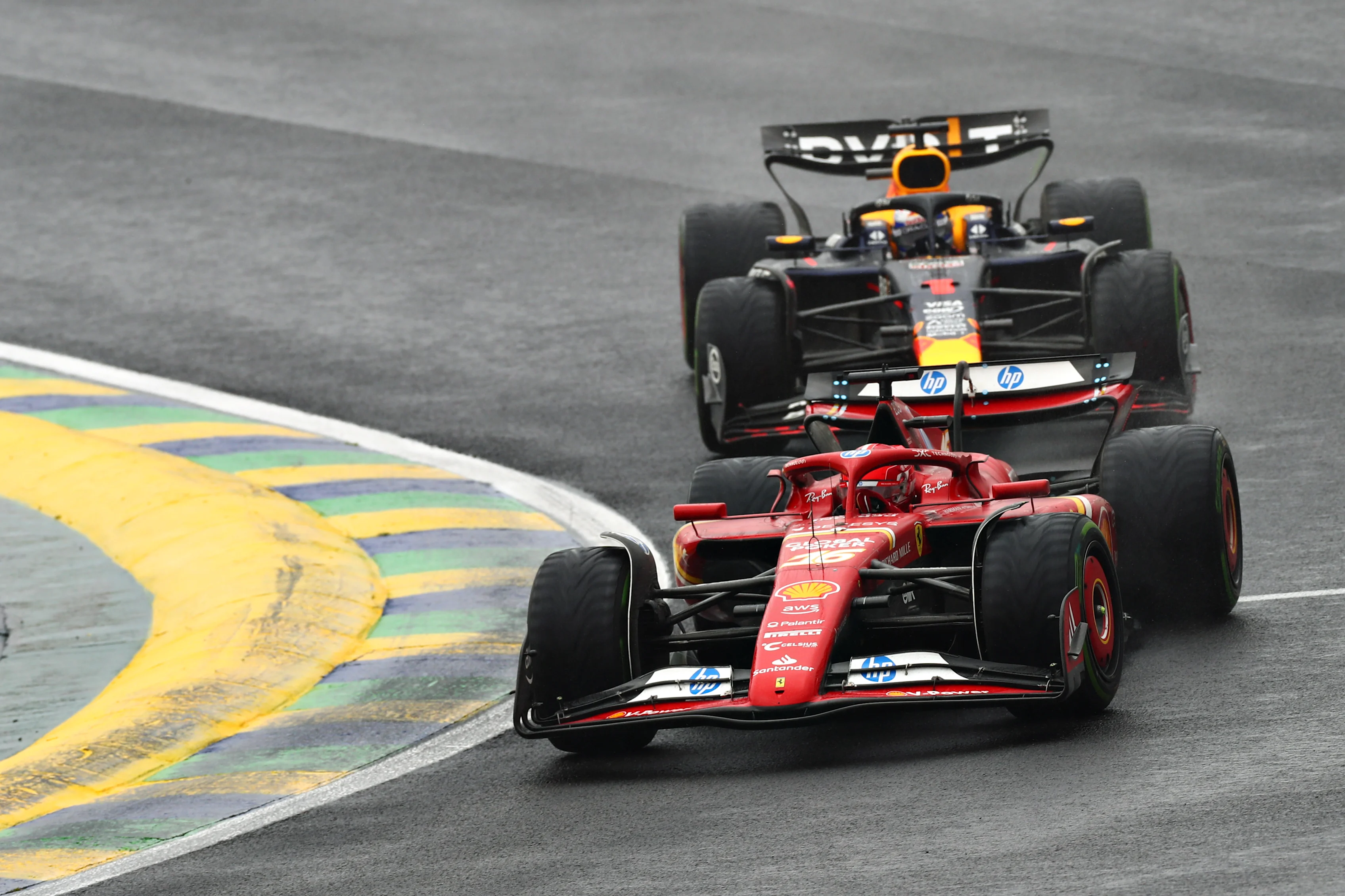 SAO PAULO, BRAZIL - NOVEMBER 03: Charles Leclerc of Monaco driving the (16) Ferrari SF-24 leads Max