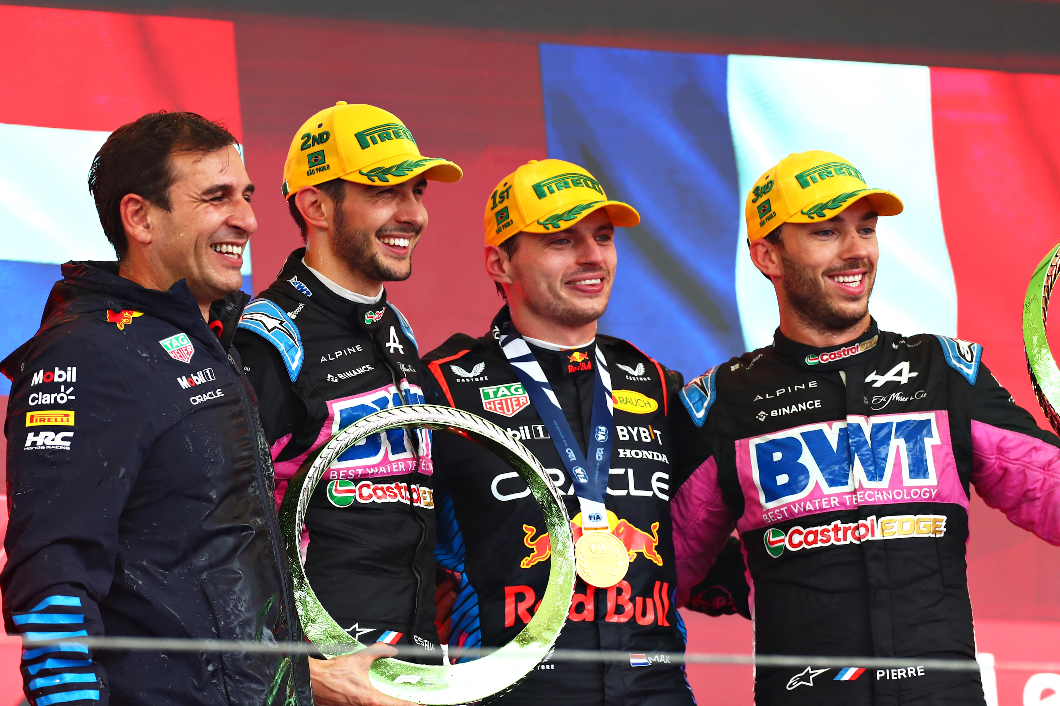 SAO PAULO - NOVEMBER 03: Max Verstappen, Esteban Ocon and Pierre Gasly on the podium after the F1 Grand Prix of Brazil at Autodromo Jose Carlos Pace on November 03, 2024 in Sao Paulo, Brazil. (Photo by Peter Fox - Formula 1/Formula 1 via Getty Images)