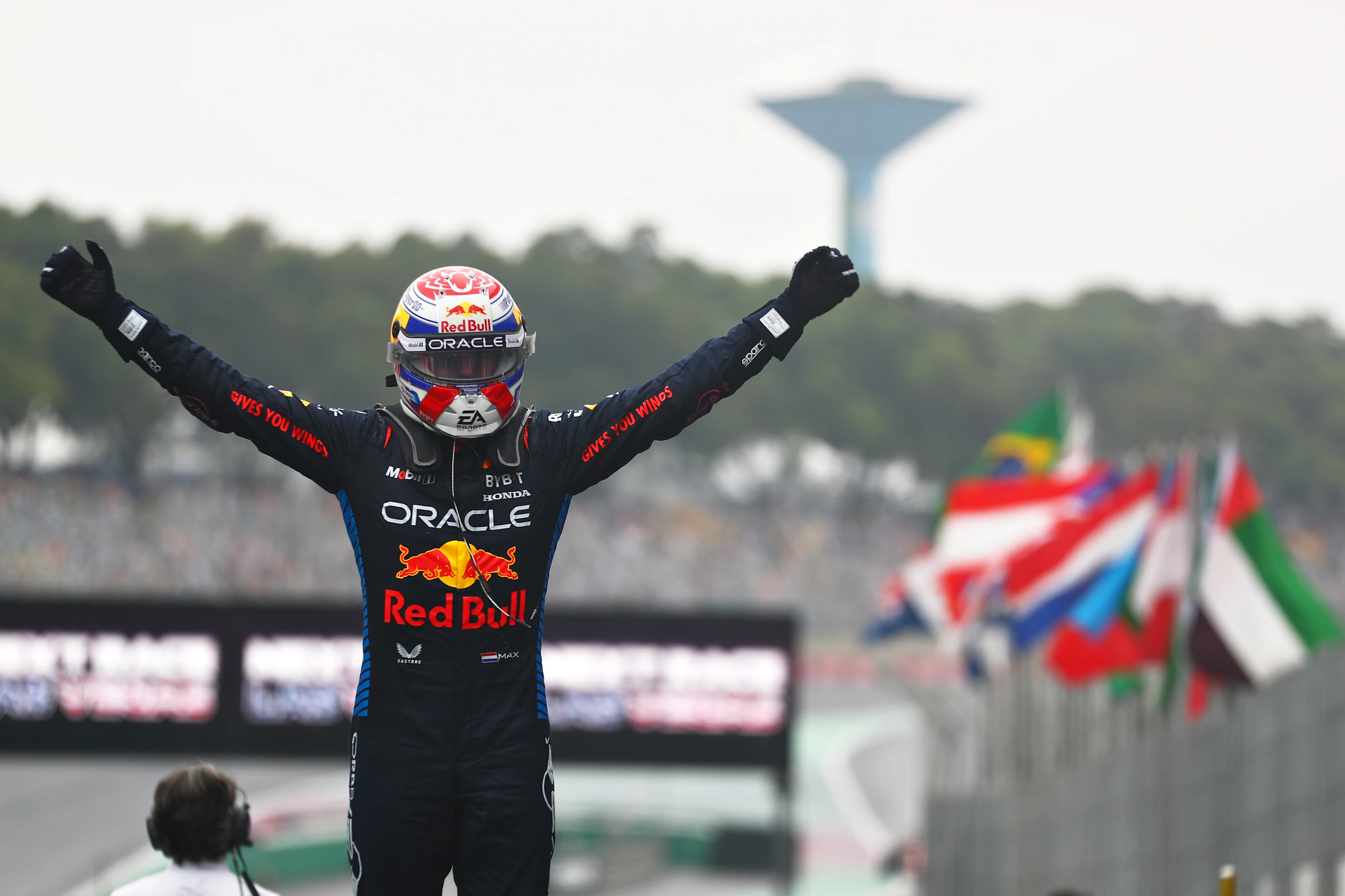 SAO PAULO, BRAZIL - NOVEMBER 03: Race winner Max Verstappen of the Netherlands and Oracle Red Bull Racing celebrates in parc ferme during the F1 Grand Prix of Brazil at Autodromo Jose Carlos Pace on November 03, 2024 in Sao Paulo, Brazil. (Photo by Peter Fox - Formula 1/Formula 1 via Getty Images)