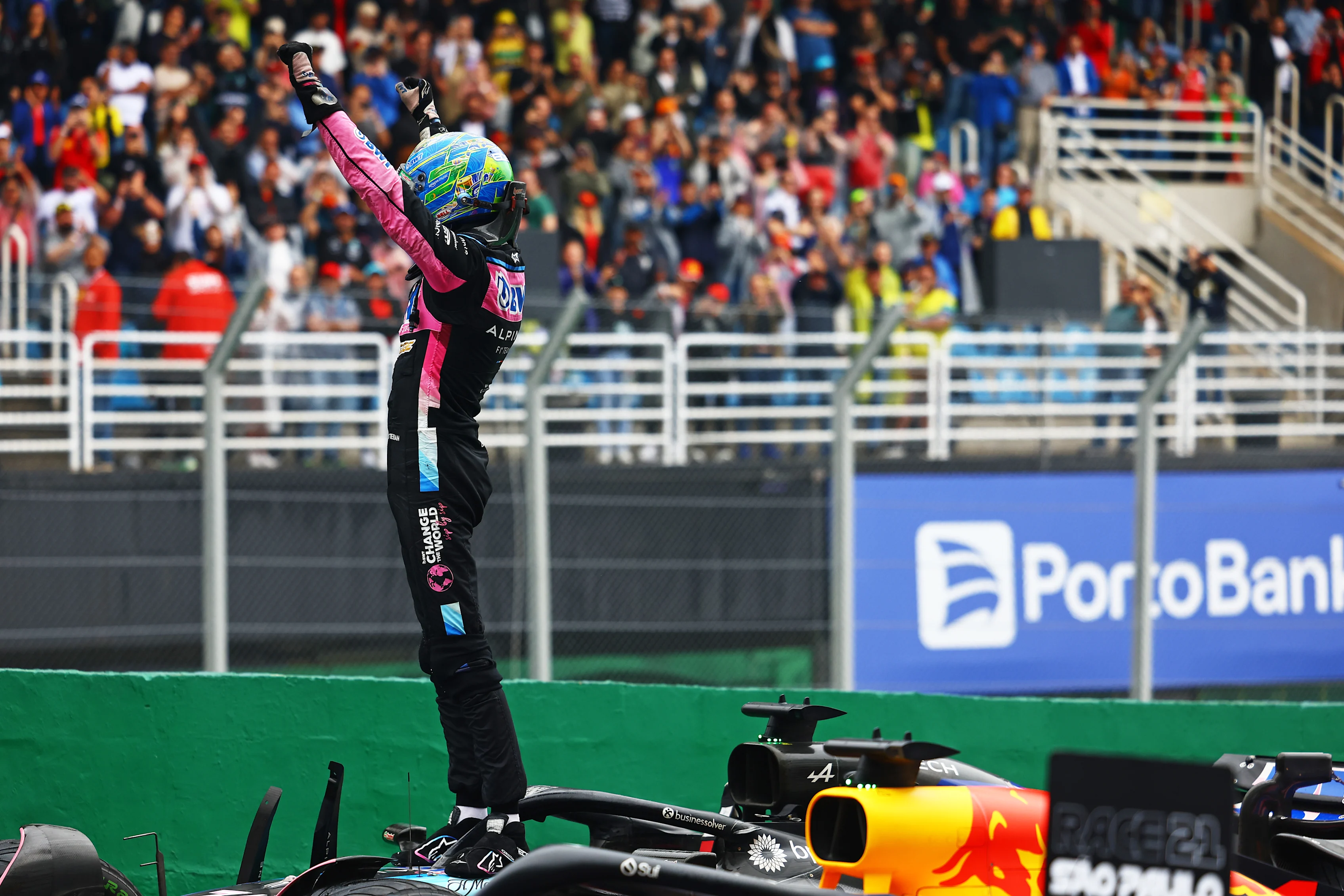 SAO PAULO, BRAZIL - NOVEMBER 03: Second placed Esteban Ocon of France and Alpine F1 celebrates in parc ferme during the F1 Grand Prix of Brazil at Autodromo Jose Carlos Pace on November 03, 2024 in Sao Paulo, Brazil. (Photo by Mark Thompson/Getty Images)
