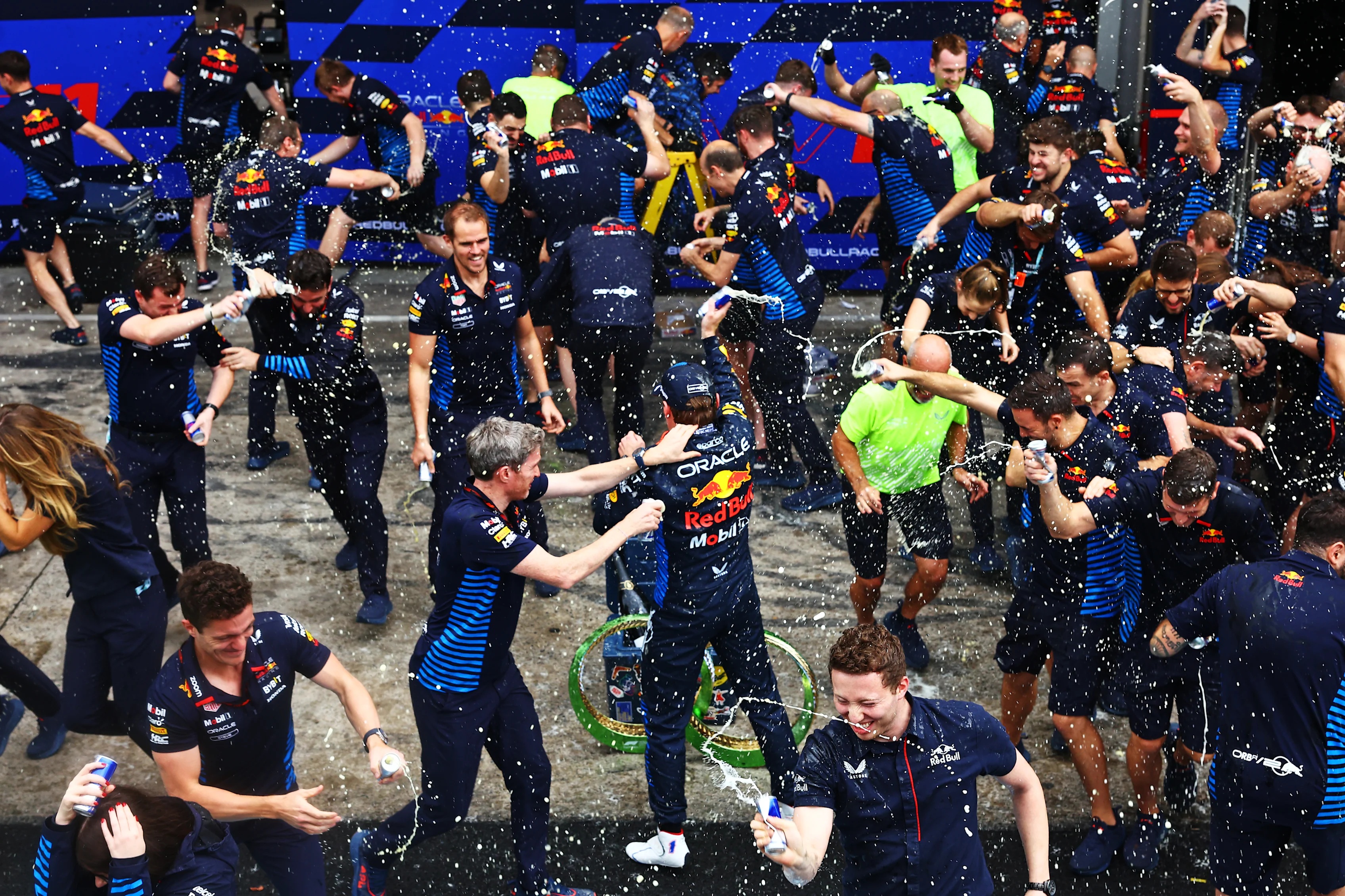 SAO PAULO, BRAZIL - NOVEMBER 03: Max Verstappen and the Oracle Red Bull Racing team celebrate their win after the F1 Grand Prix of Brazil at Autodromo Jose Carlos Pace on November 03, 2024 in Sao Paulo, Brazil. (Photo by Mark Thompson/Getty Images)