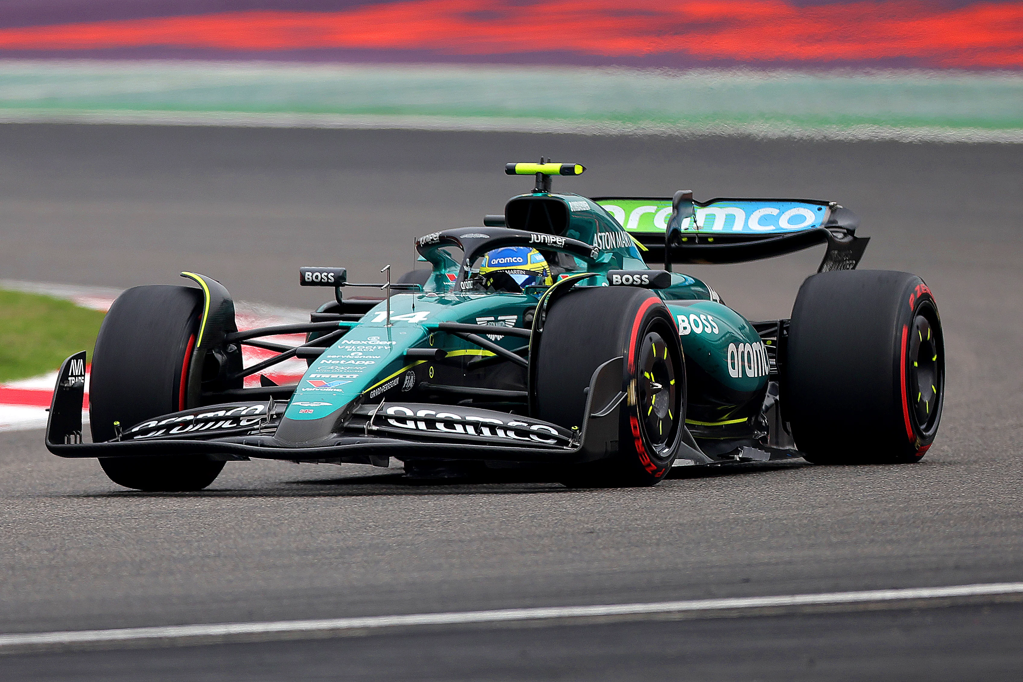 SHANGHAI, CHINA - APRIL 21: Fernando Alonso of Spain driving the (14) Aston Martin AMR24 Mercedes on track during the F1 Grand Prix of China at Shanghai International Circuit on April 21, 2024 in Shanghai, China. (Photo by Lintao Zhang/Getty Images )