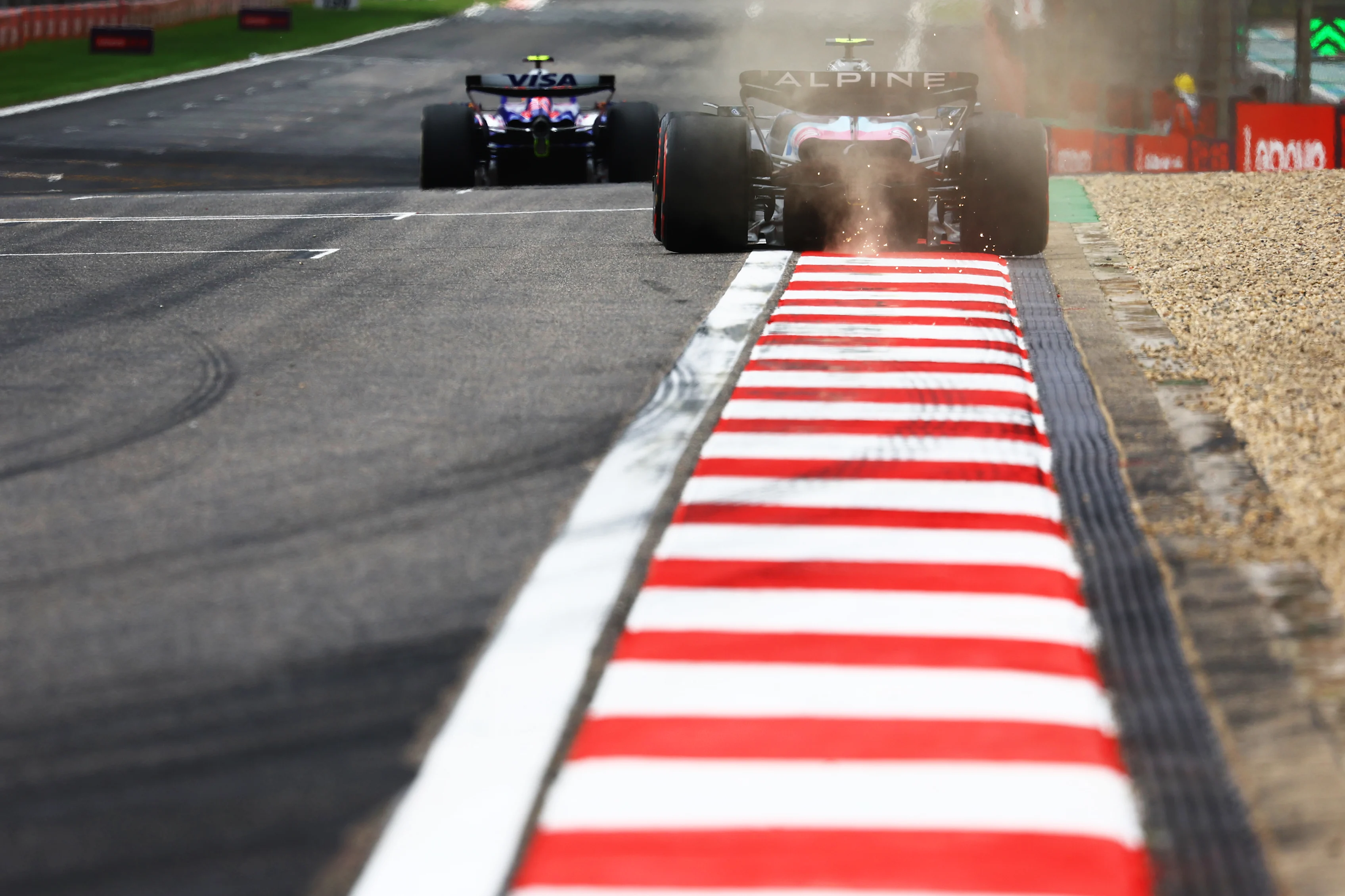 SHANGHAI, CHINA - APRIL 19: Pierre Gasly of France driving the (10) Alpine F1 A524 Renault kicks up sparks on track during practice ahead of the F1 Grand Prix of China at Shanghai International Circuit on April 19, 2024 in Shanghai, China. (Photo by Mark Thompson/Getty Images)