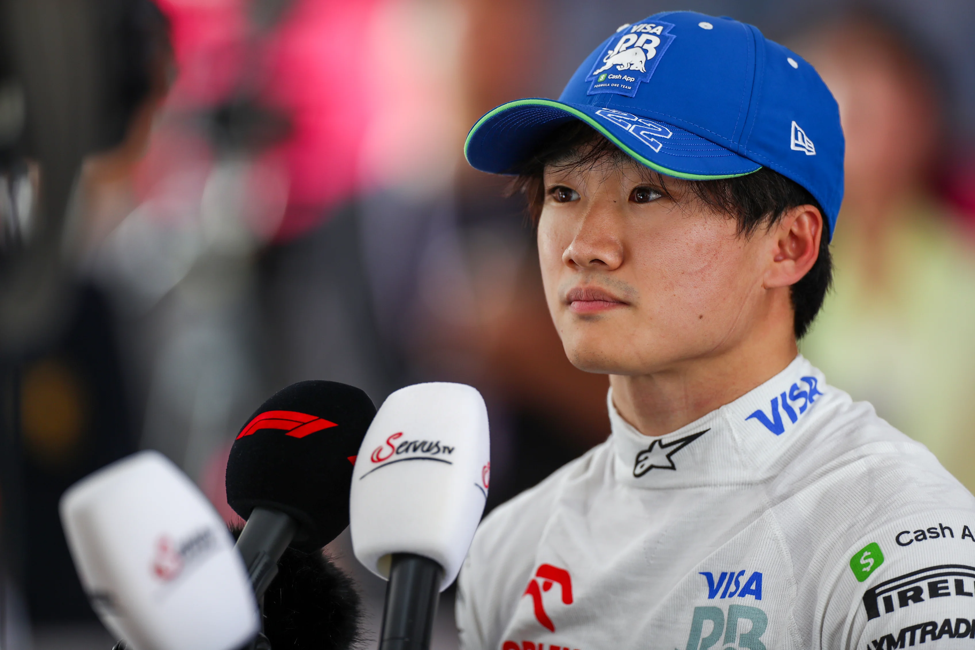 SHANGHAI, CHINA - APRIL 20: Yuki Tsunoda of Scuderia Visa Cash App RB talks to the media during