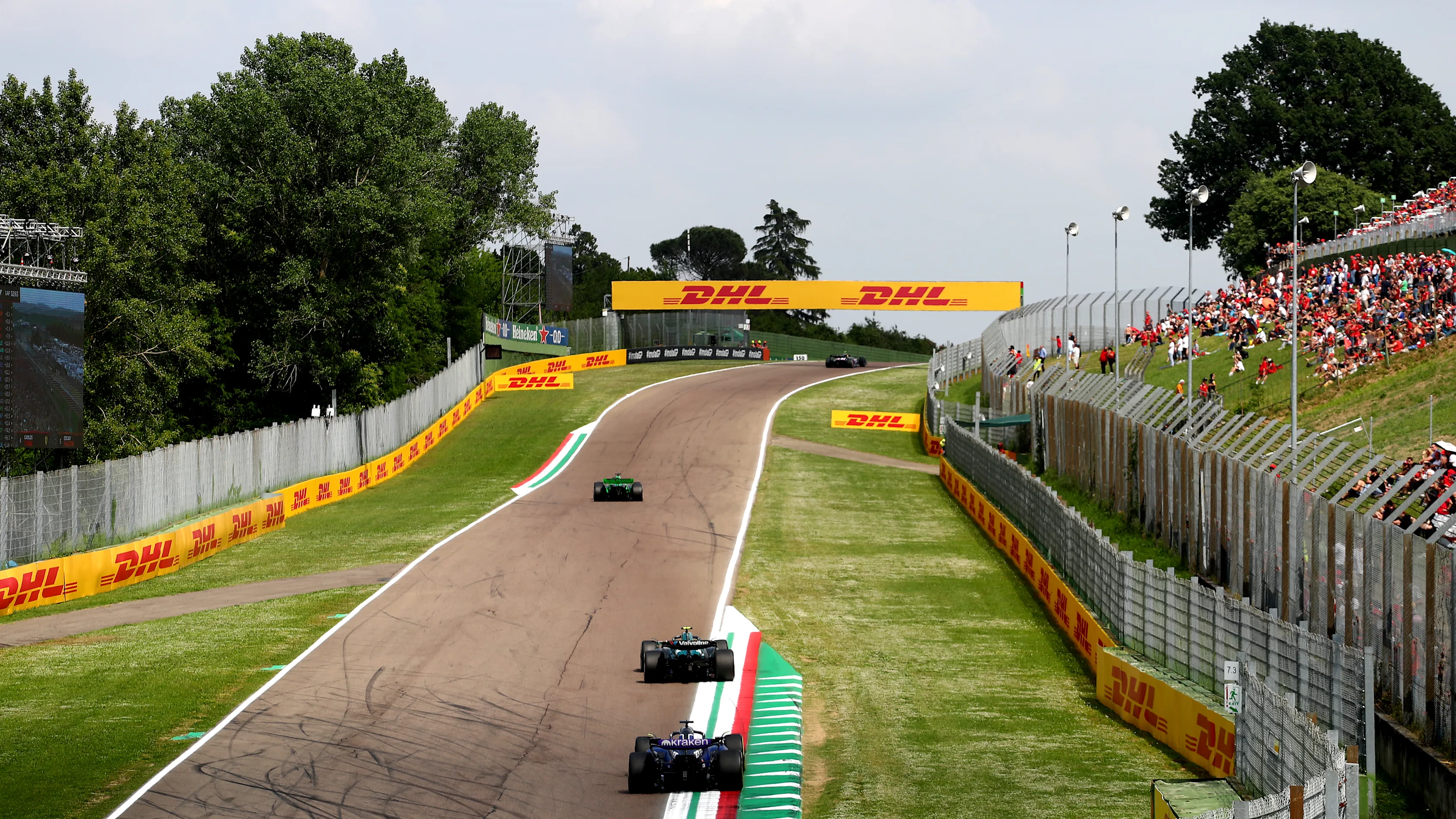 IMOLA, ITALY - MAY 19: Alexander Albon of Thailand driving the (23) Williams FW46 Mercedes follows Fernando Alonso of Spain driving the (14) Aston Martin AMR24 Mercedes on track during the F1 Grand Prix of Emilia-Romagna at Autodromo Enzo e Dino Ferrari Circuit on May 19, 2024 in Imola, Italy. (Photo by Peter Fox - Formula 1/Formula 1 via Getty Images)