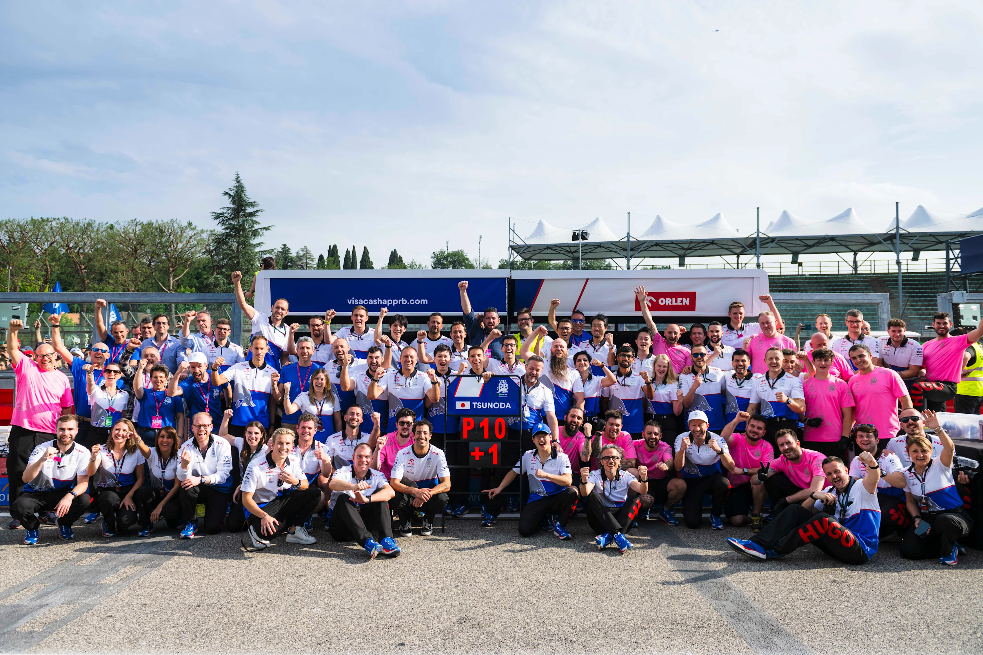 IMOLA, ITALY - MAY 19: 10th placed Yuki Tsunoda of Japan and Visa Cash App RB celebrates with his