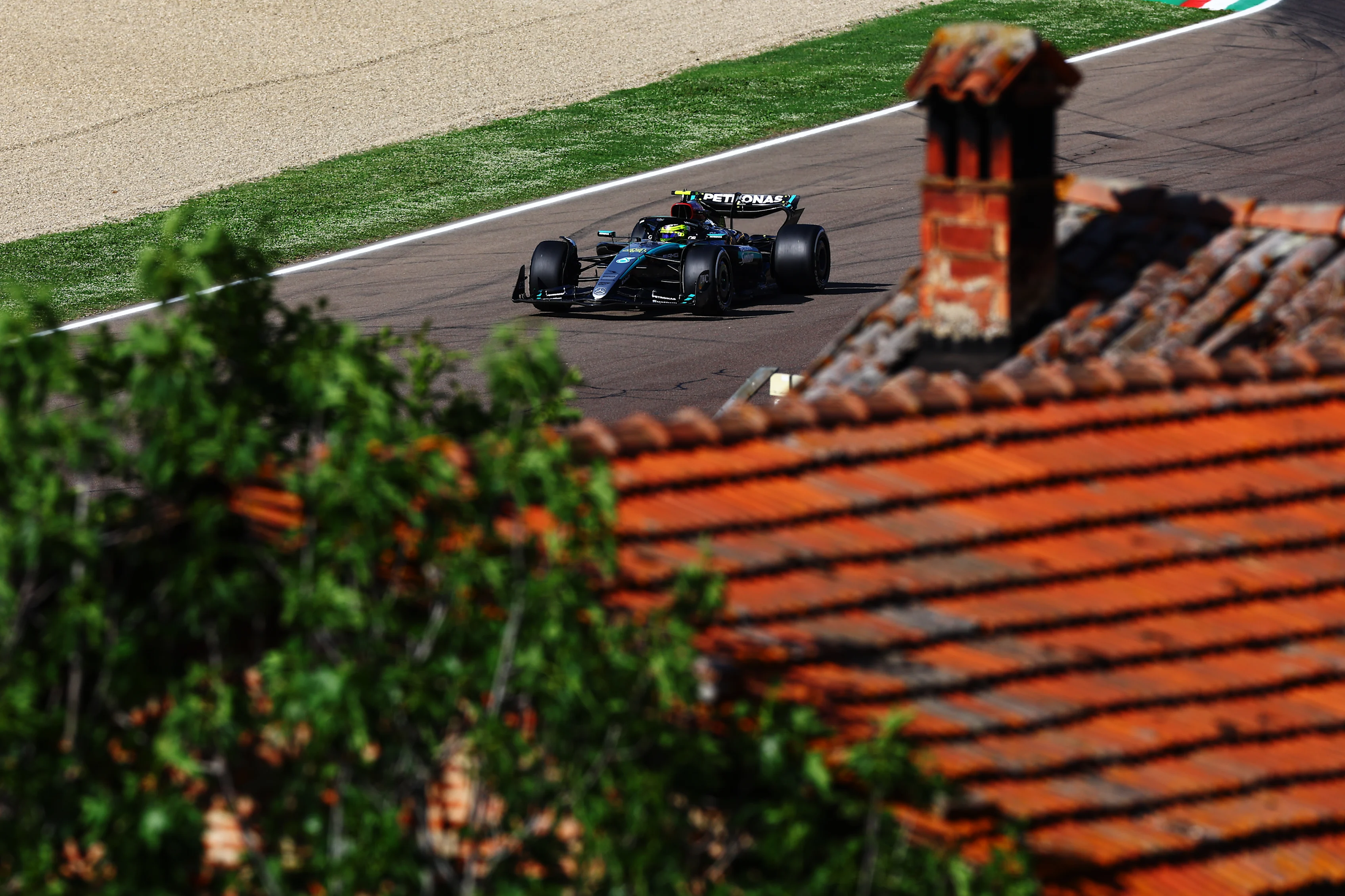 IMOLA, ITALY - MAY 17: Lewis Hamilton of Great Britain driving the (44) Mercedes AMG Petronas F1 Team W15 on track during practice ahead of the F1 Grand Prix of Emilia-Romagna at Autodromo Enzo e Dino Ferrari Circuit on May 17, 2024 in Imola, Italy. (Photo by Mark Thompson/Getty Images)