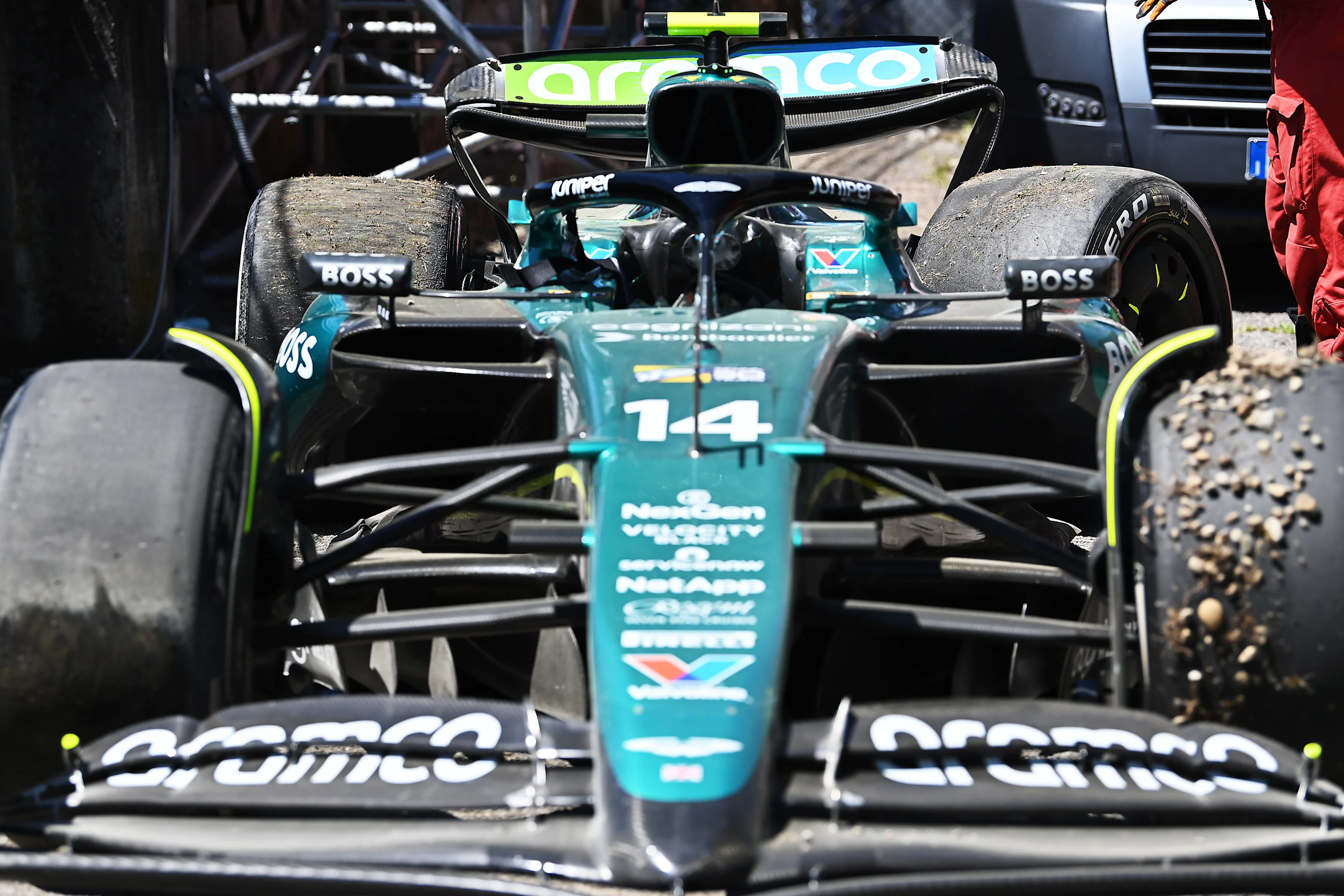 IMOLA, ITALY - MAY 18: A detail view of the car of Fernando Alonso of Spain and Aston Martin F1 Team after he crashed during final practice ahead of the F1 Grand Prix of Emilia-Romagna at Autodromo Enzo e Dino Ferrari Circuit on May 18, 2024 in Imola, Italy. (Photo by James Sutton - Formula 1/Formula 1 via Getty Images)