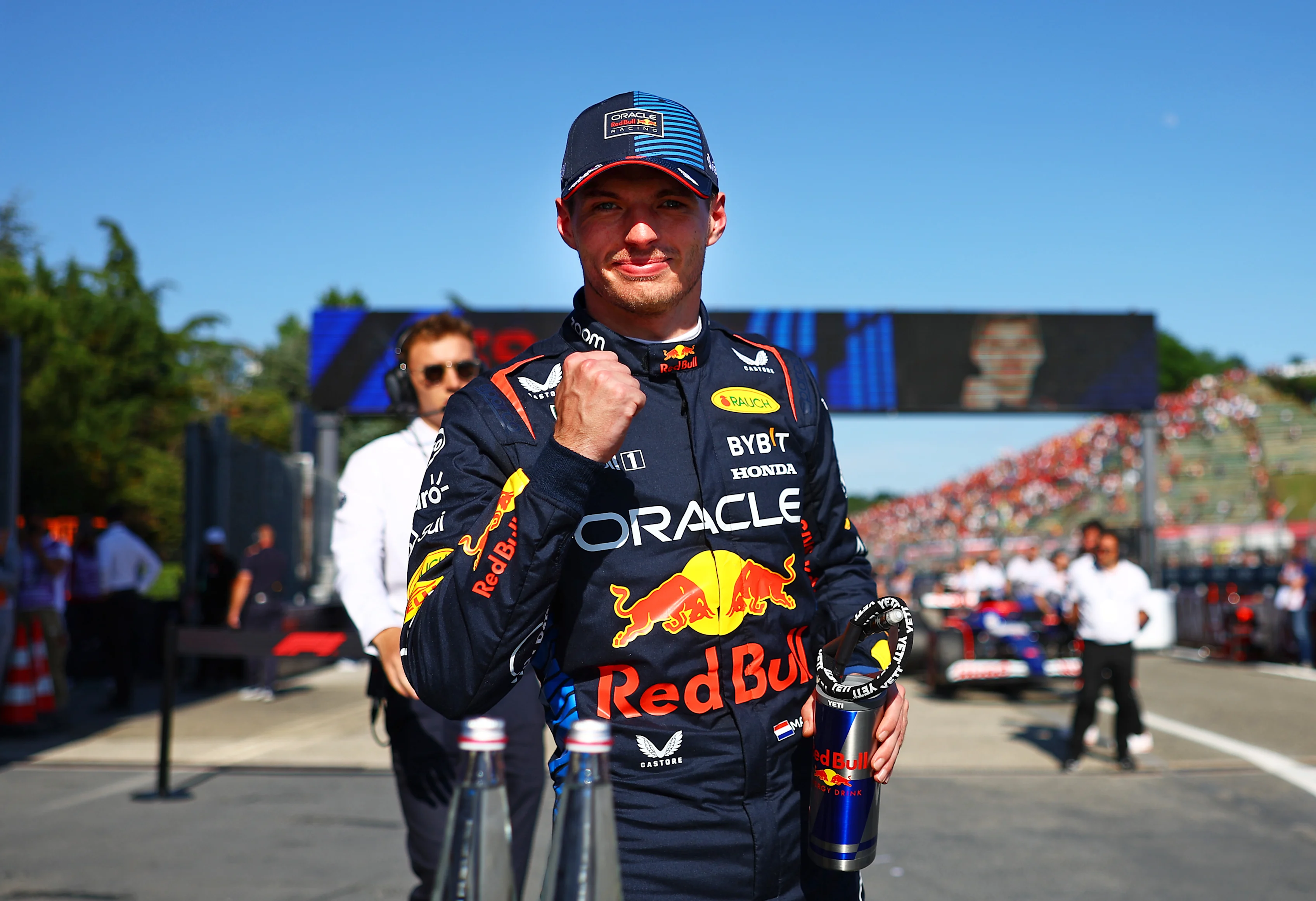 IMOLA, ITALY - MAY 18: Pole position qualifier Max Verstappen of the Netherlands and Oracle Red Bull Racing celebrates in parc ferme during qualifying ahead of the F1 Grand Prix of Emilia-Romagna at Autodromo Enzo e Dino Ferrari Circuit on May 18, 2024 in Imola, Italy. (Photo by Mark Thompson/Getty Images)