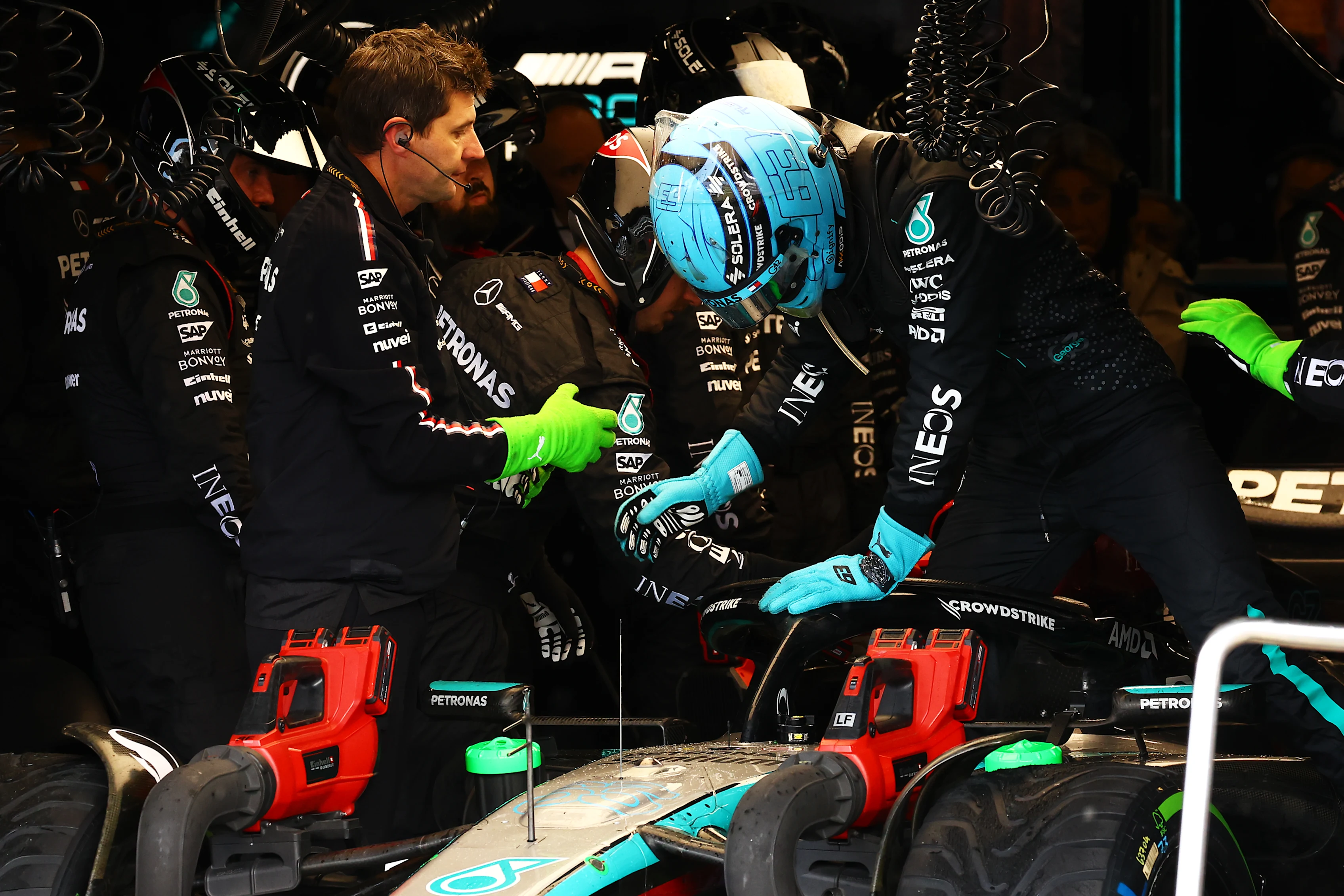 NORTHAMPTON, ENGLAND - JULY 07: George Russell of Great Britain and Mercedes retires from the race