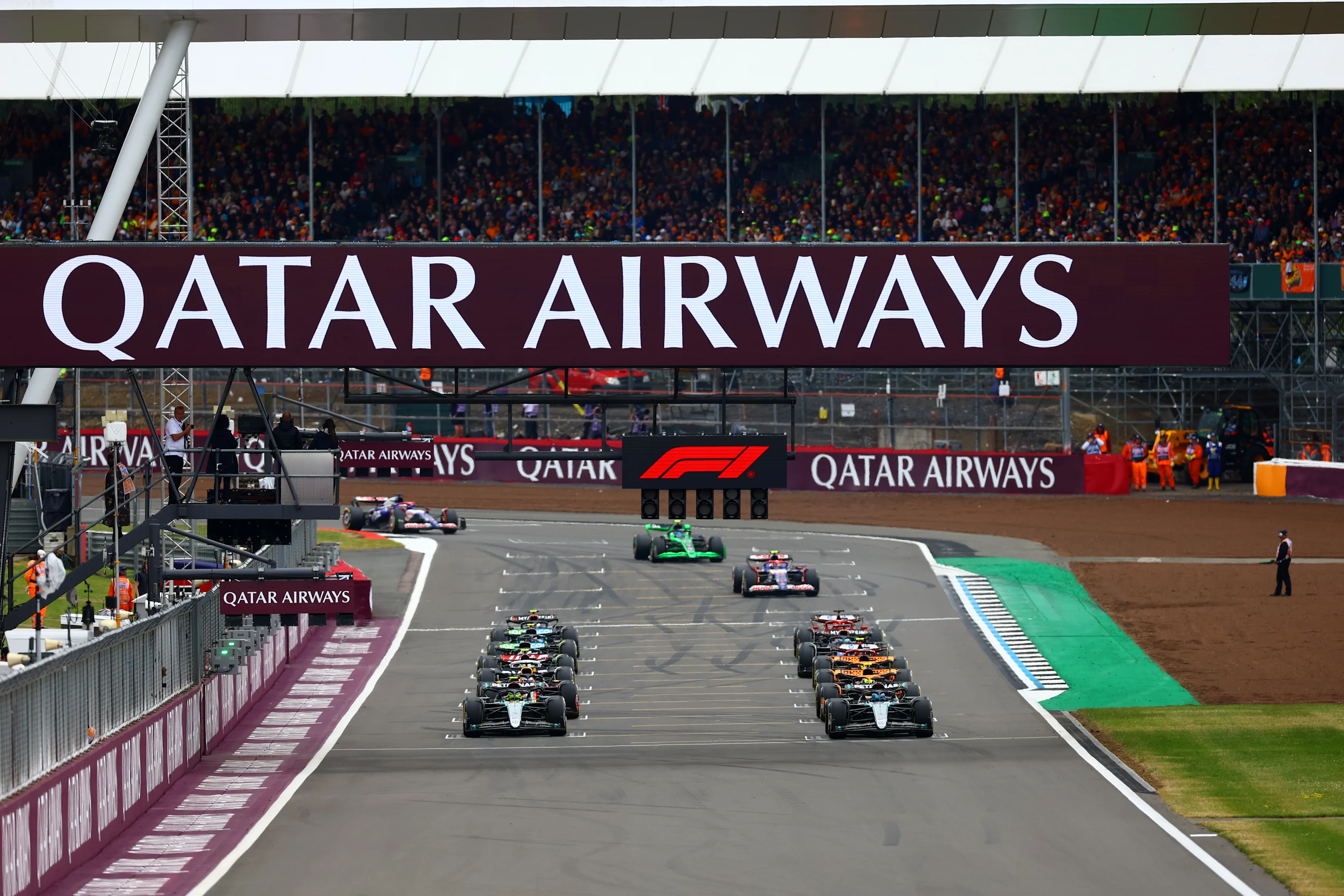 NORTHAMPTON, ENGLAND - JULY 07: George Russell of Great Britain driving the (63) Mercedes AMG