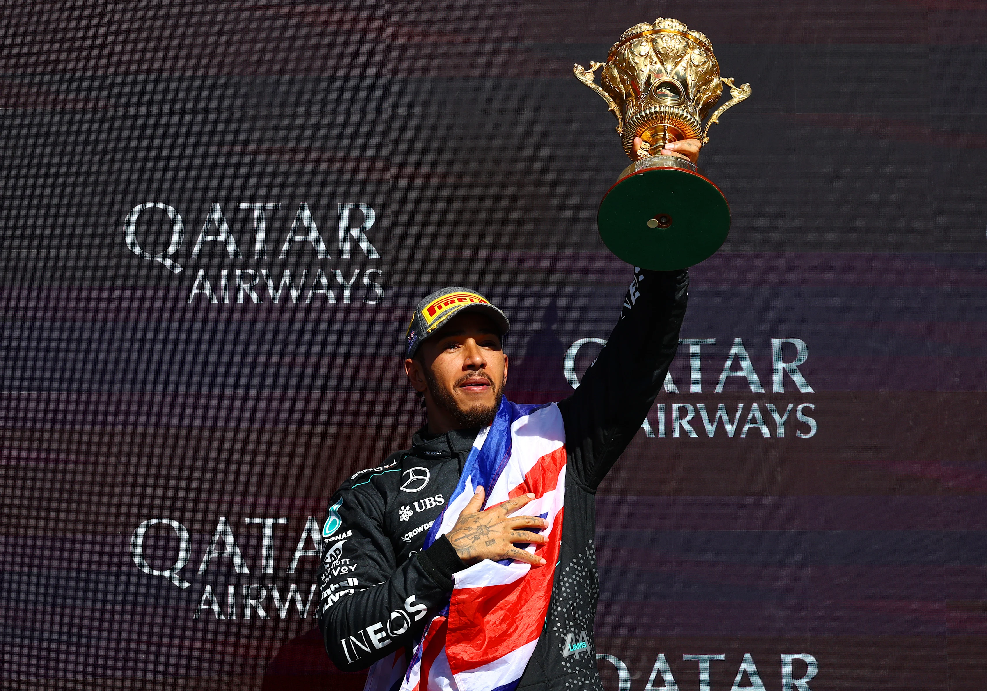NORTHAMPTON, ENGLAND - JULY 07: Race winner Lewis Hamilton of Great Britain and Mercedes celebrates