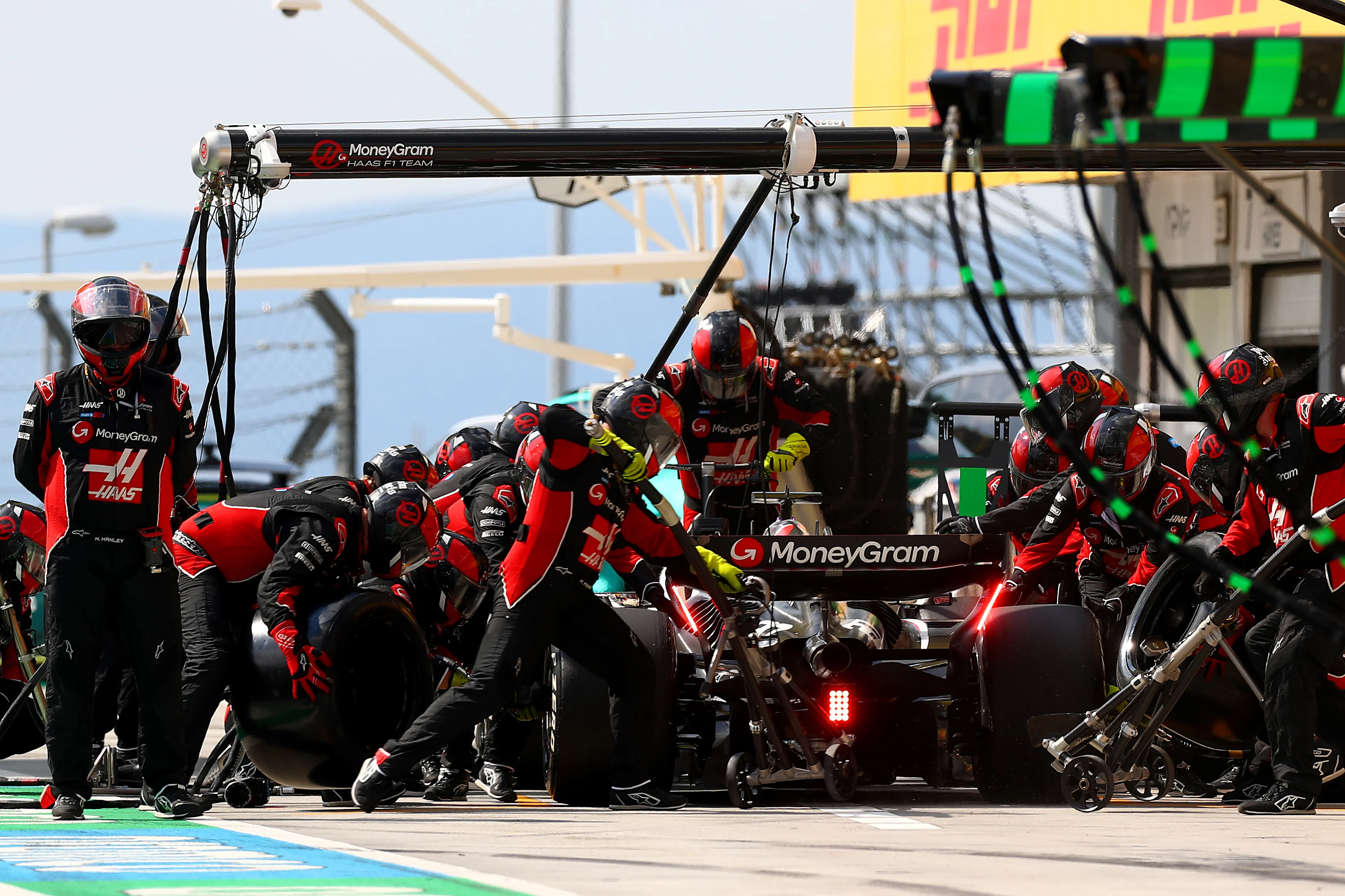 BUDAPEST, HUNGARY - JULY 21: Kevin Magnussen of Denmark driving the (20) Haas F1 VF-24 Ferrari makes a pitstop during the F1 Grand Prix of Hungary at Hungaroring. (Photo by Peter Fox - Formula 1/Formula 1 via Getty Images)