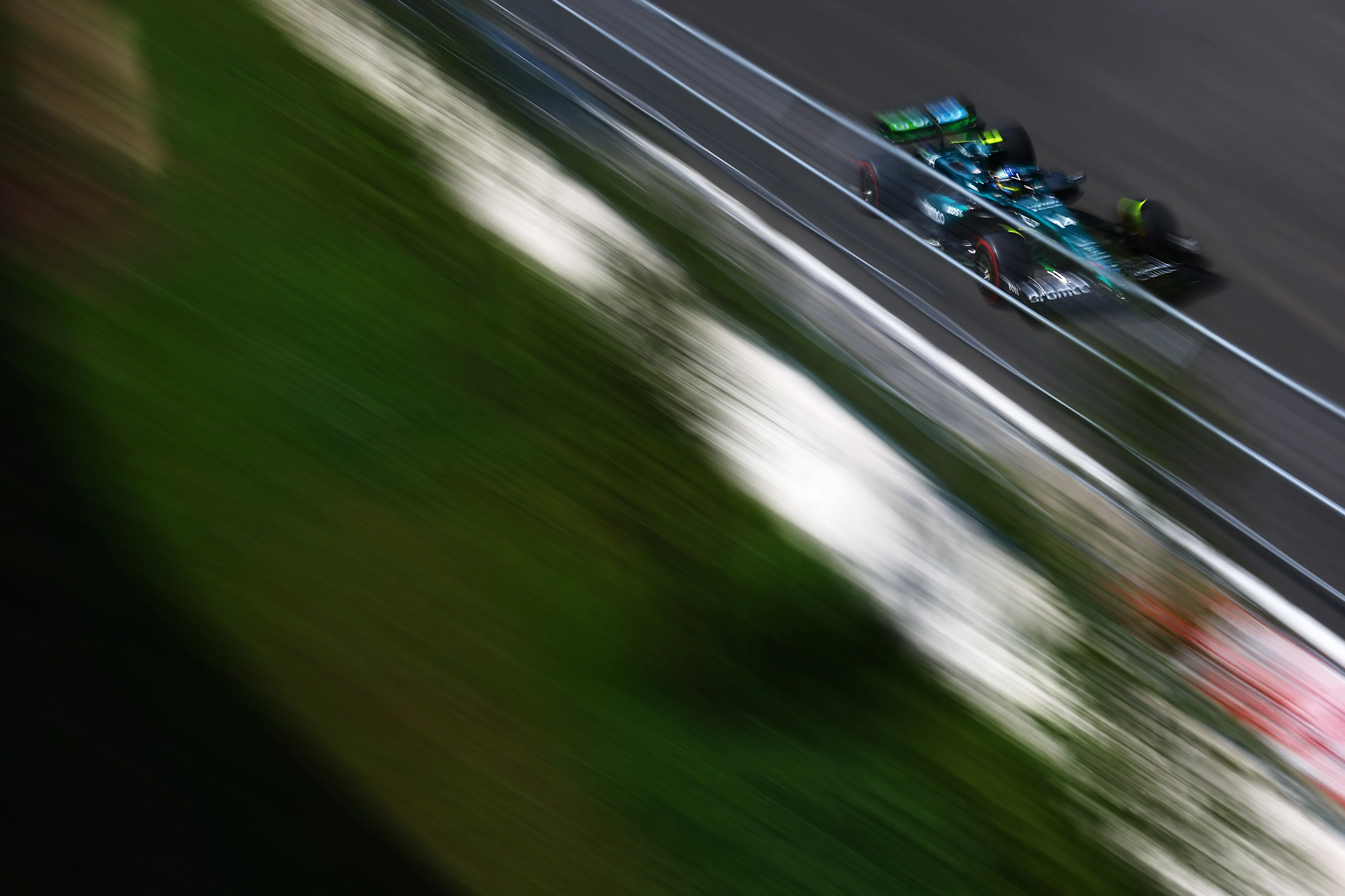 BUDAPEST, HUNGARY - JULY 19: Fernando Alonso of Spain driving the (14) Aston Martin AMR24 Mercedes on track during practice ahead of the F1 Grand Prix of Hungary at Hungaroring on July 19, 2024 in Budapest, Hungary. (Photo by Mark Thompson/Getty Images)