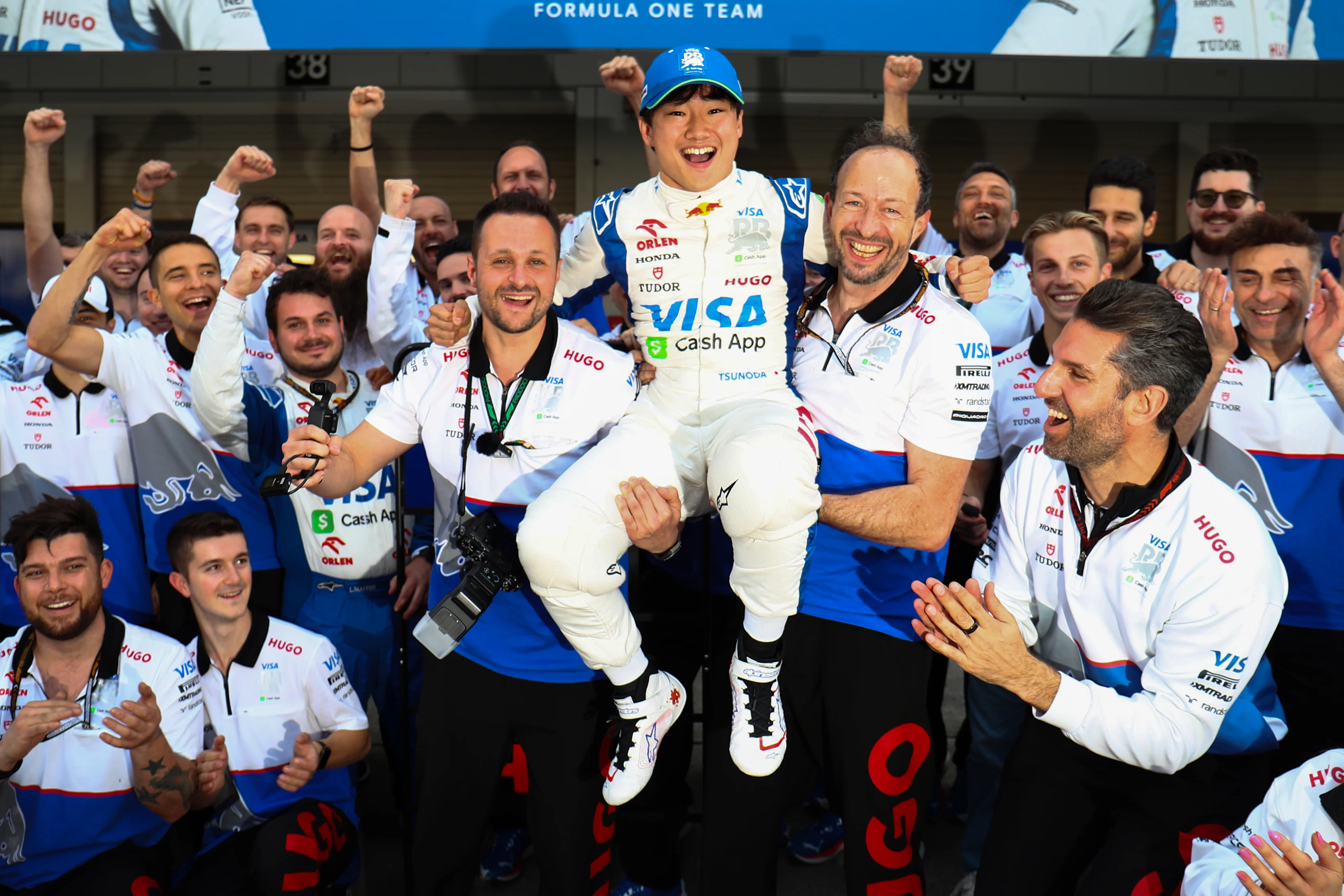 SUZUKA, JAPAN - APRIL 07: Yuki Tsunoda of Scuderia Visa Cash App RB celebrates finishing in 10th position with the team during the F1 Grand Prix of Japan at Suzuka International Racing Course on April 07, 2024 in Suzuka, Japan. (Photo by Peter Fox/Getty Images) (Photo by Peter Fox/Getty Images)