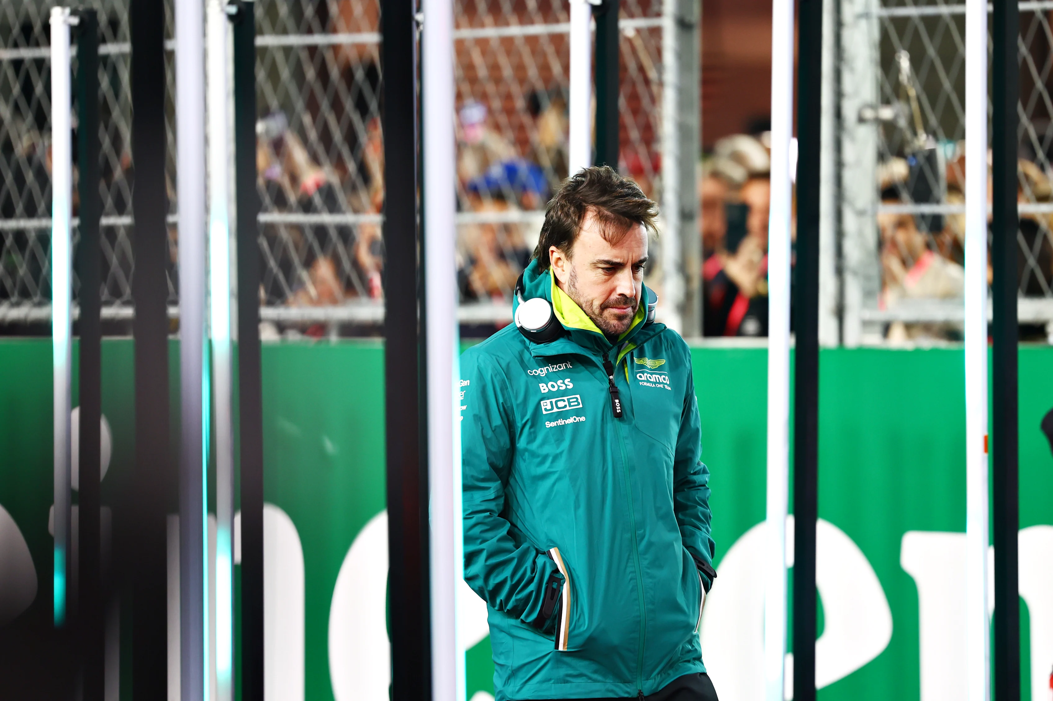 LAS VEGAS, NEVADA - NOVEMBER 23: Fernando Alonso of Spain and Aston Martin F1 Team looks on from the drivers parade prior to the F1 Grand Prix of Las Vegas at Las Vegas Strip Circuit on November 23, 2024 in Las Vegas, Nevada. (Photo by Mark Thompson/Getty Images)