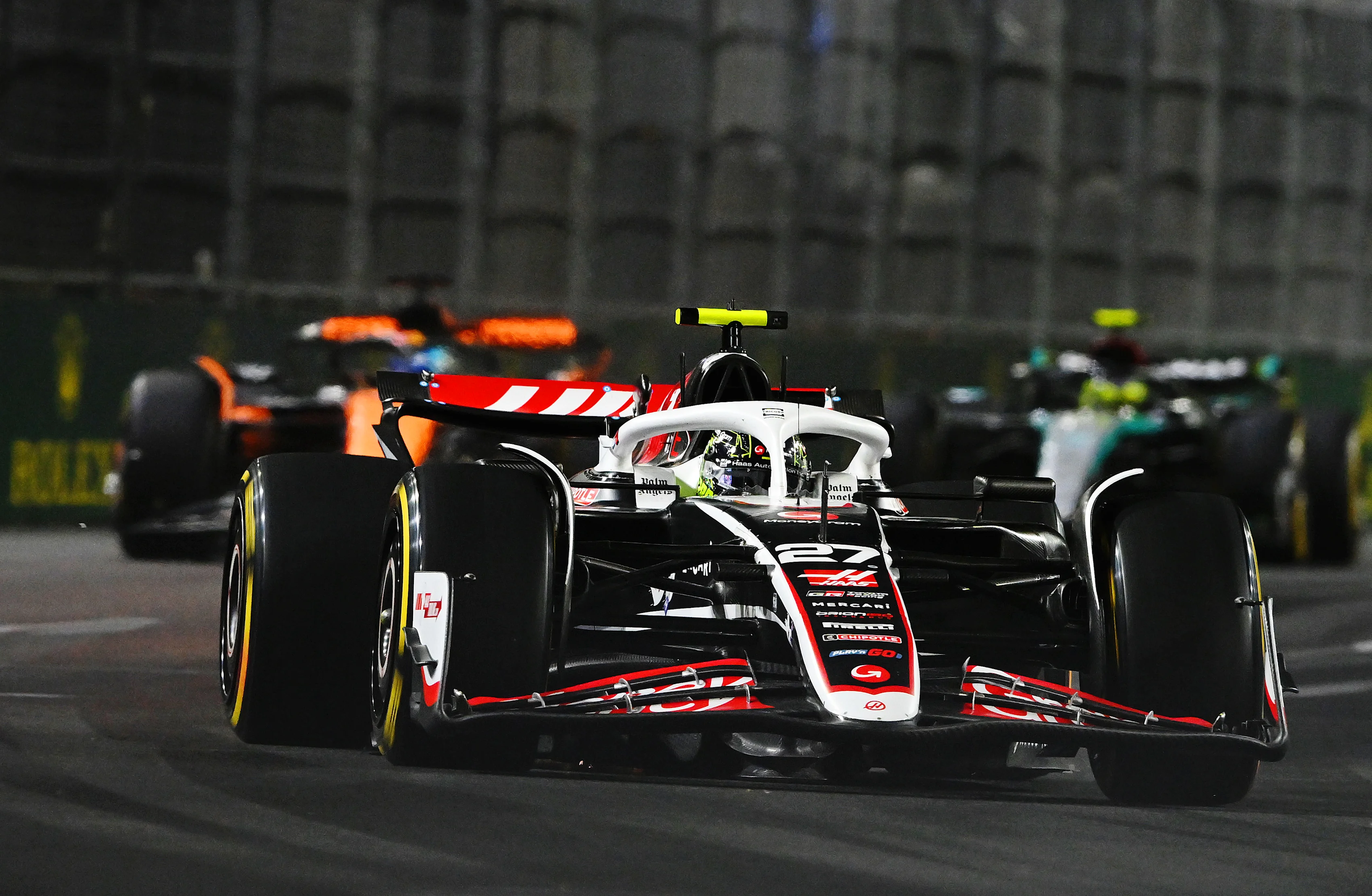 LAS VEGAS, NEVADA - NOVEMBER 23: Nico Hulkenberg of Germany driving the (27) Haas F1 VF-24 Ferrari on track during the F1 Grand Prix of Las Vegas at Las Vegas Strip Circuit on November 23, 2024 in Las Vegas, Nevada. (Photo by Rudy Carezzevoli/Getty Images)